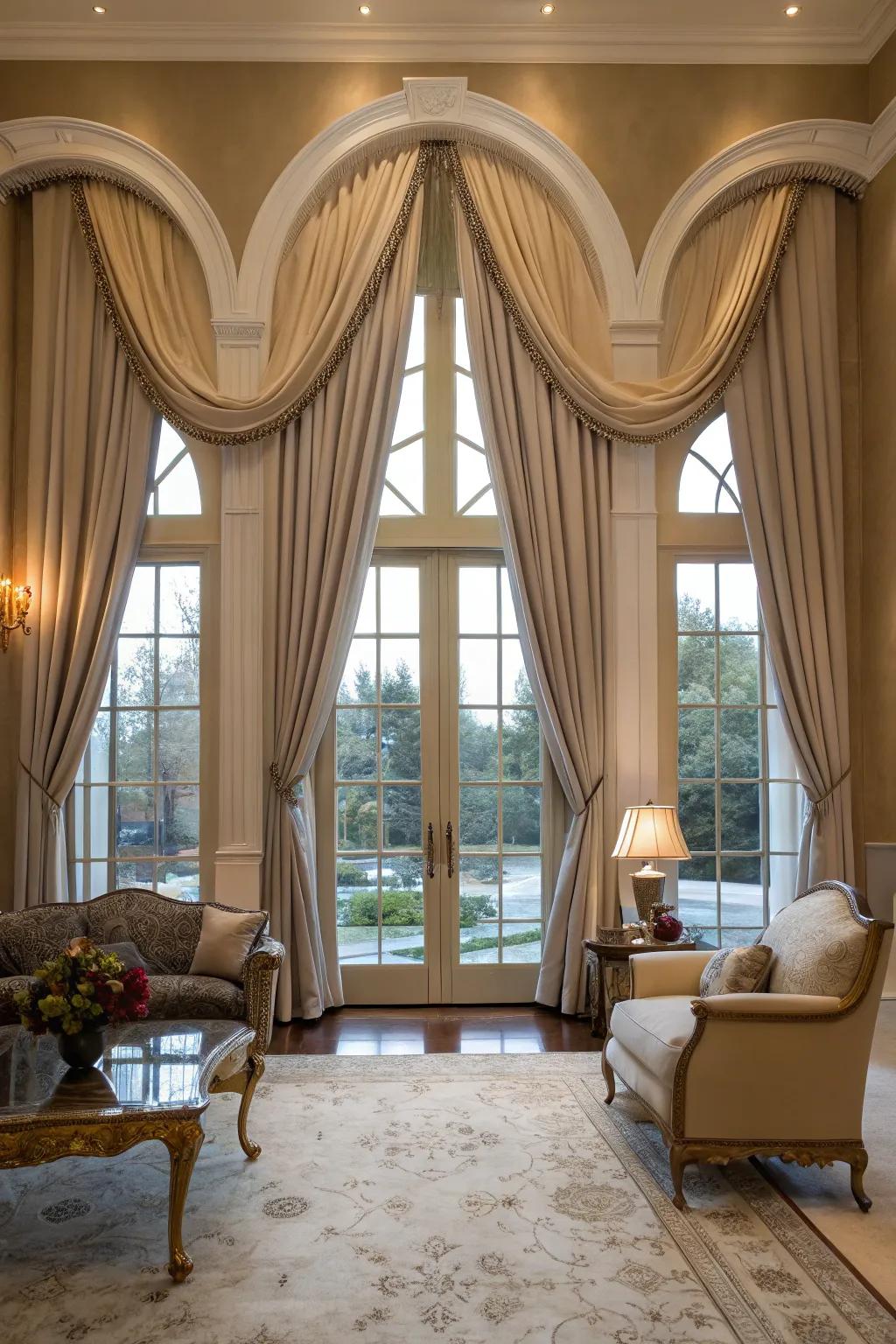 Elegant sitting room showcasing drape accents that frame arched windows beautifully.