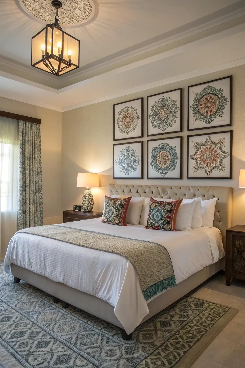 Discover tranquility through symmetrical art arrangements above your bed.