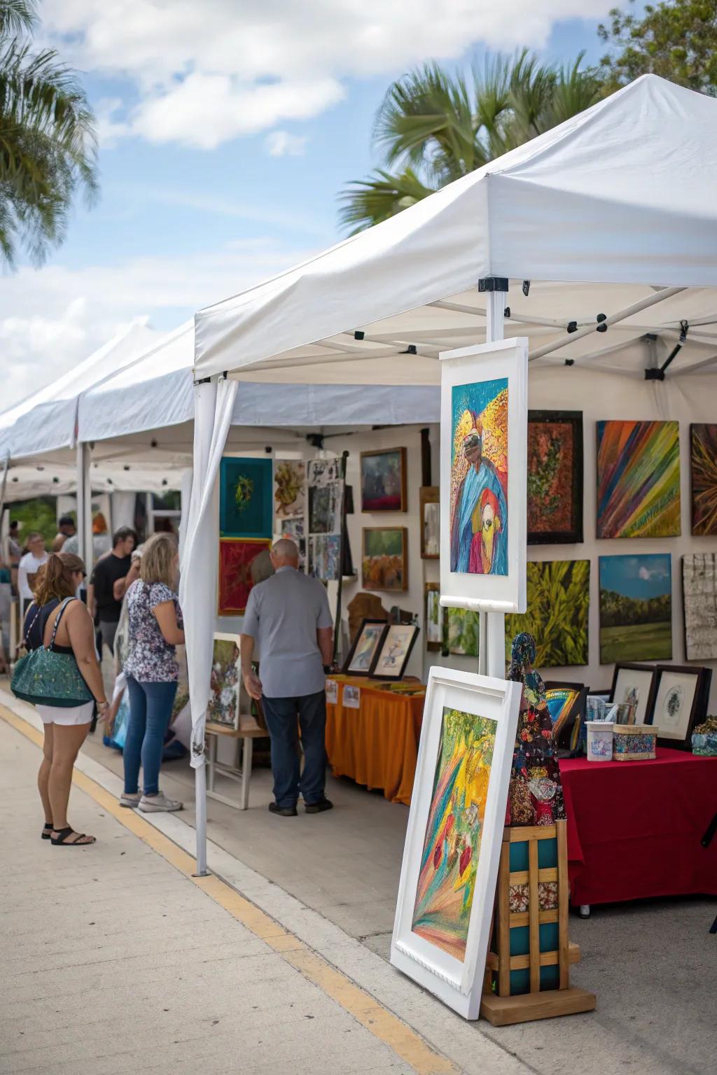 An art exhibit with a white canopy that highlights the displayed artworks, making them the focal point.
