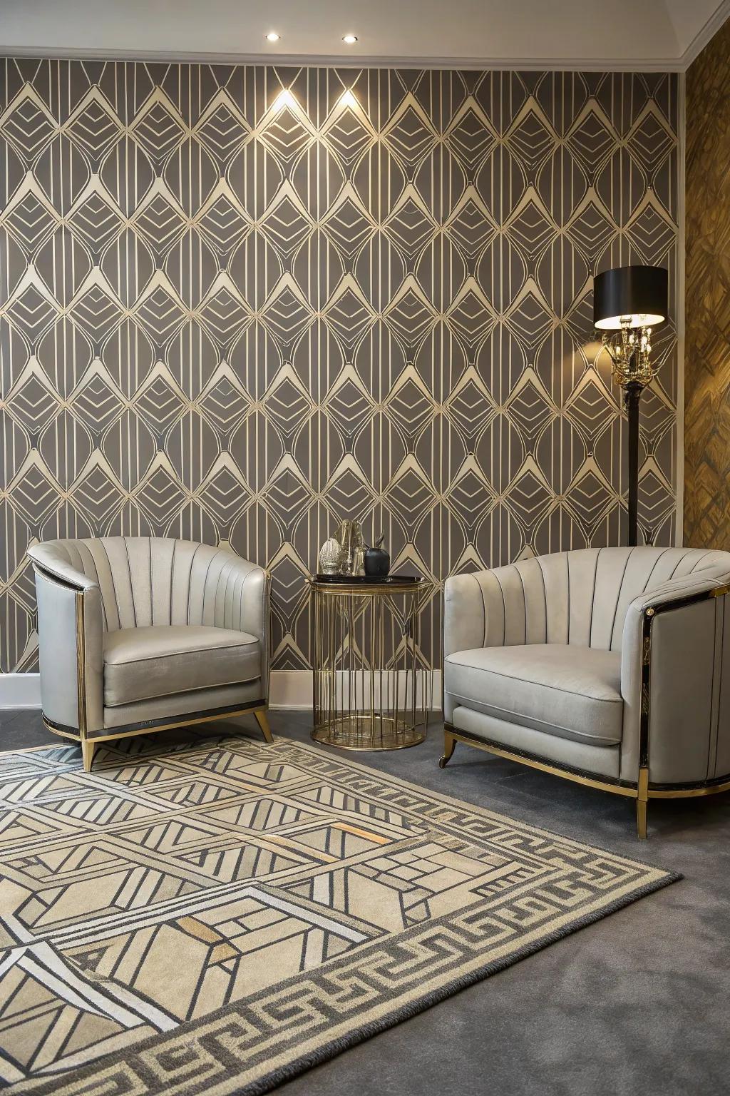 A space showcasing striking geometric designs, embodying the essence of Art Deco.
