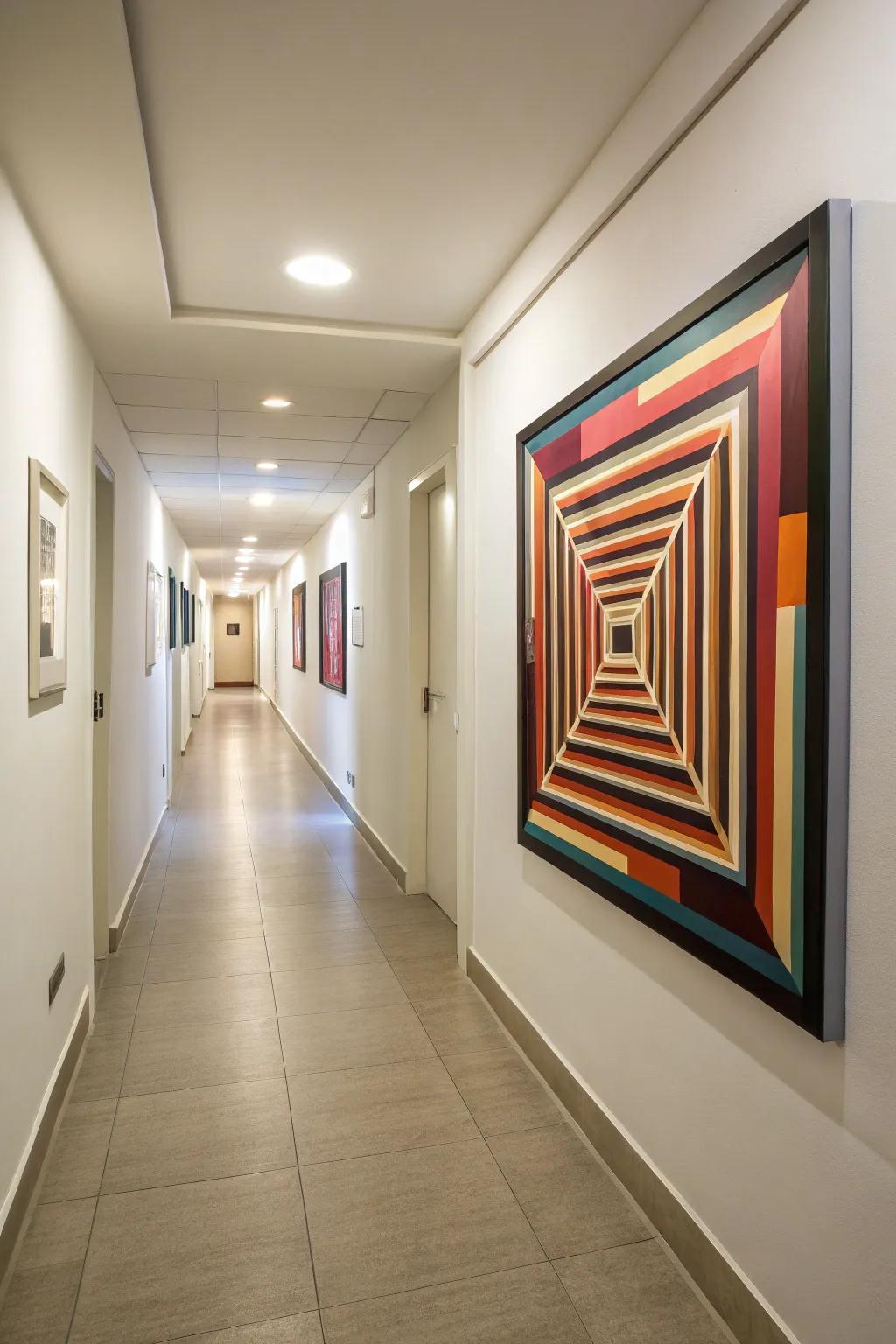 A hallway enhanced with an amazing 3D visual trick painting, adding dimension and fascination to the area.