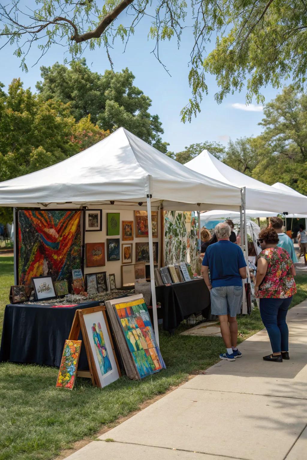 A charming outdoor art exhibit nestled beneath a protective canopy.