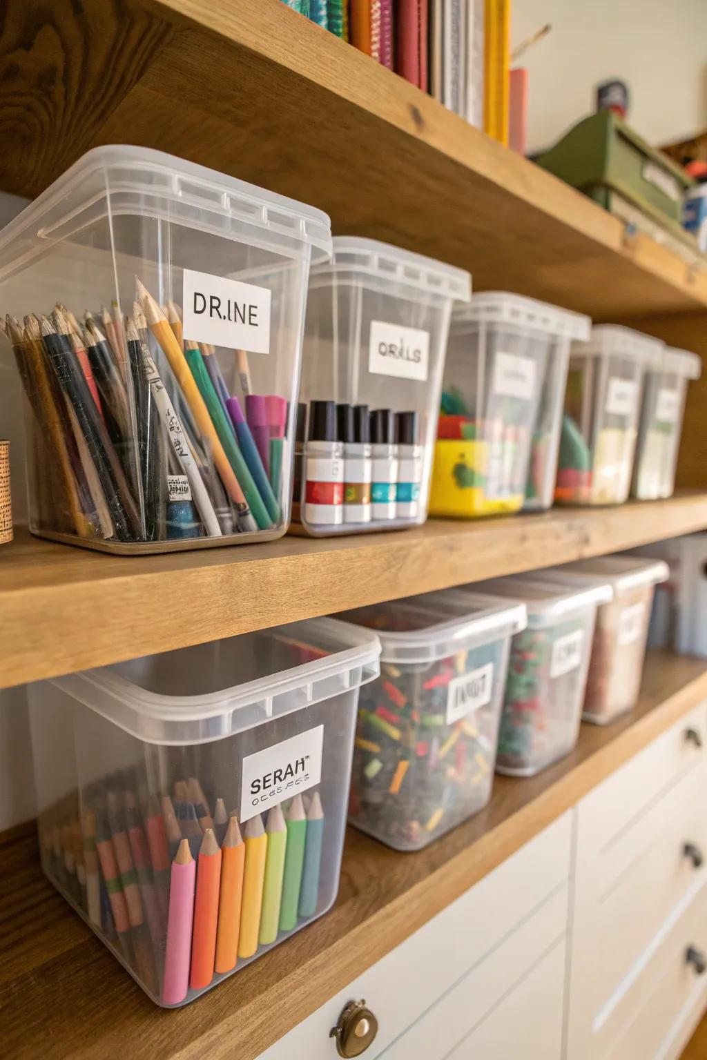 Transparent containers with labels make finding art materials a snap.