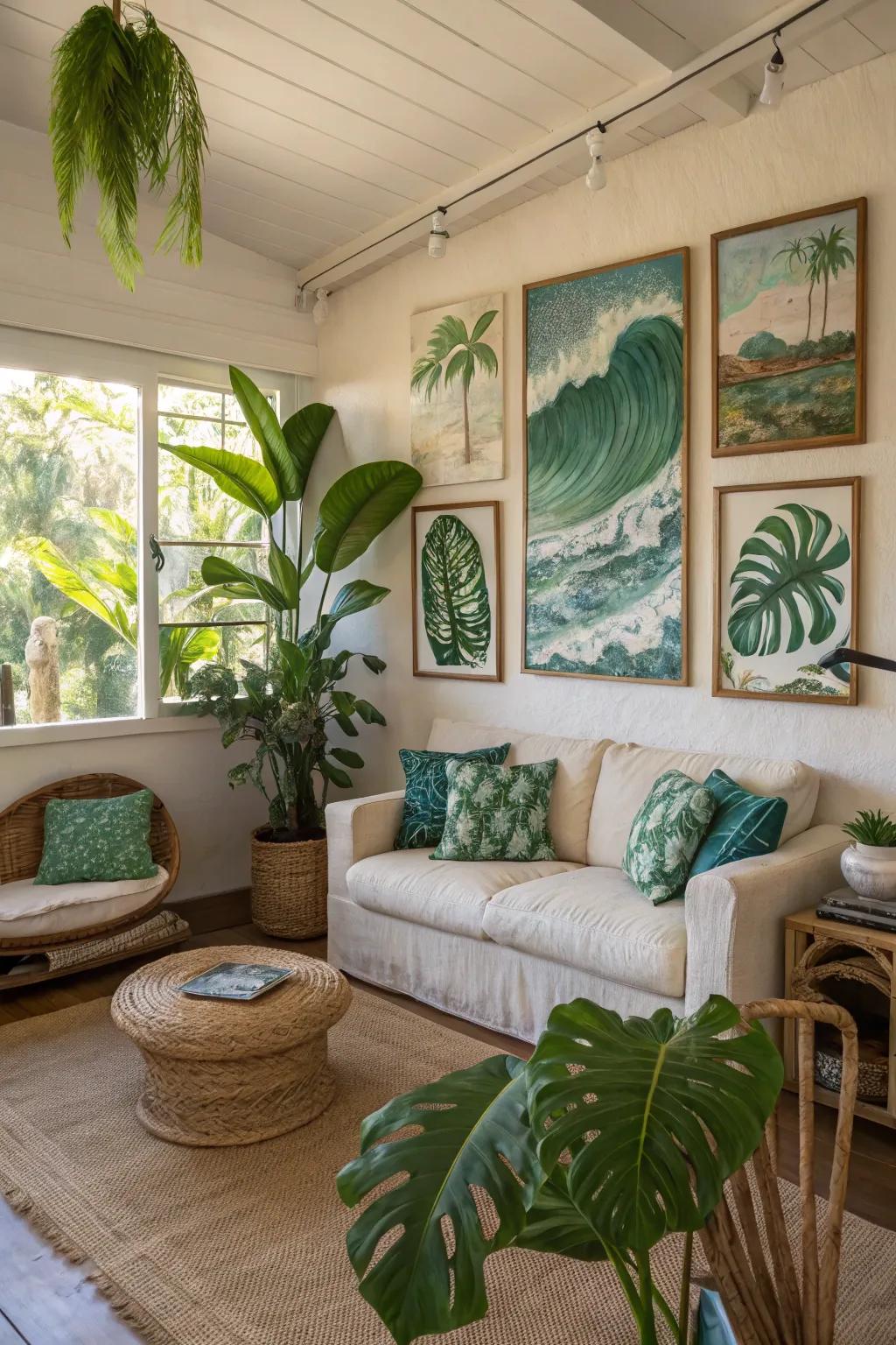 A living area transformed using art pieces influenced by nature.
