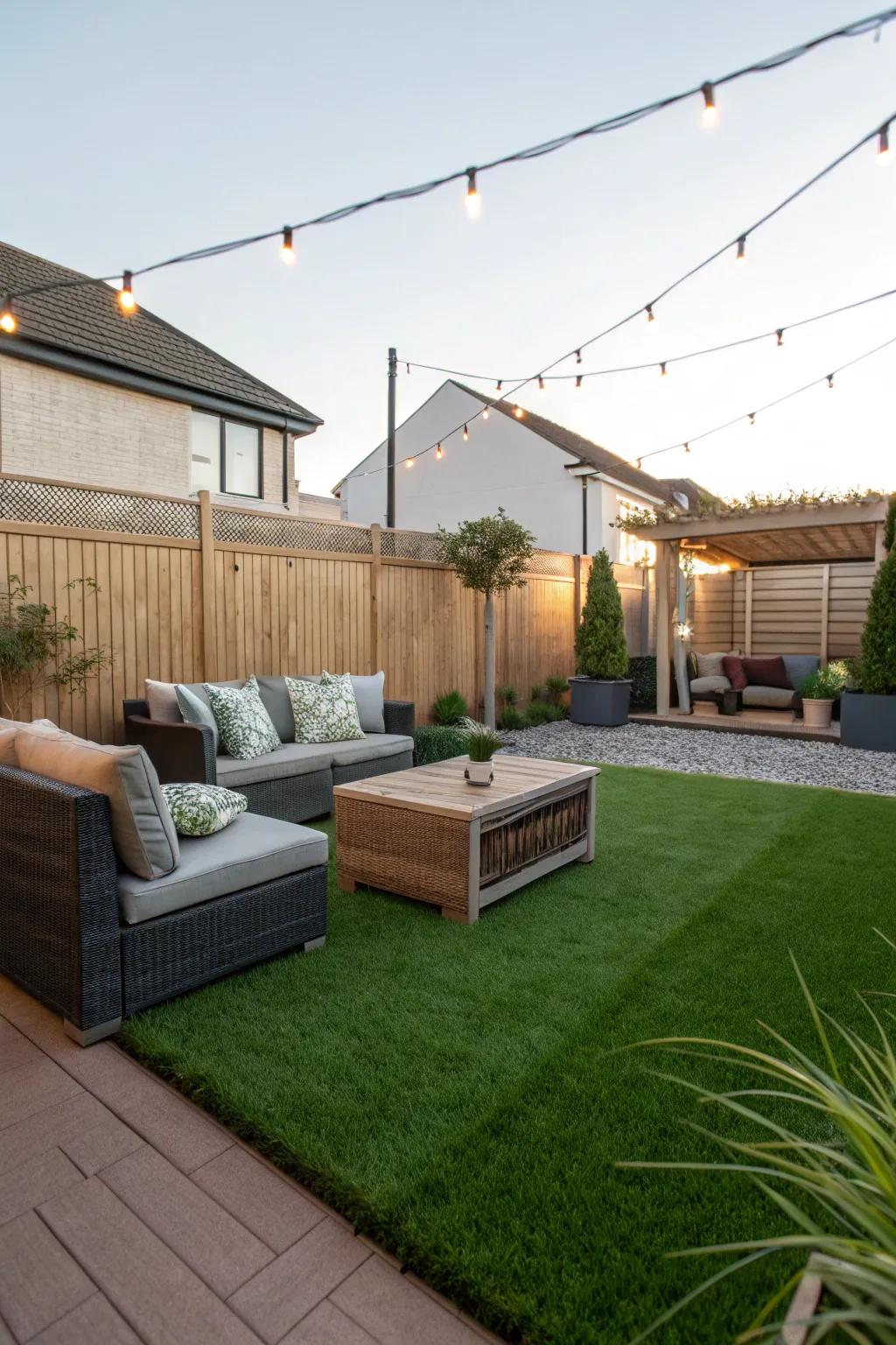 An inviting relaxation space on a lavish imitation turf area.