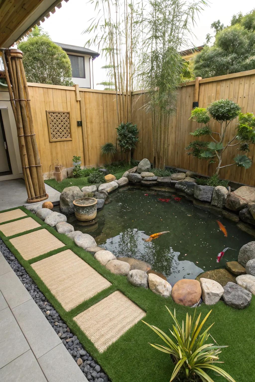 Discover tranquility in your individual Zen garden, enhanced by low-upkeep simulated turf.