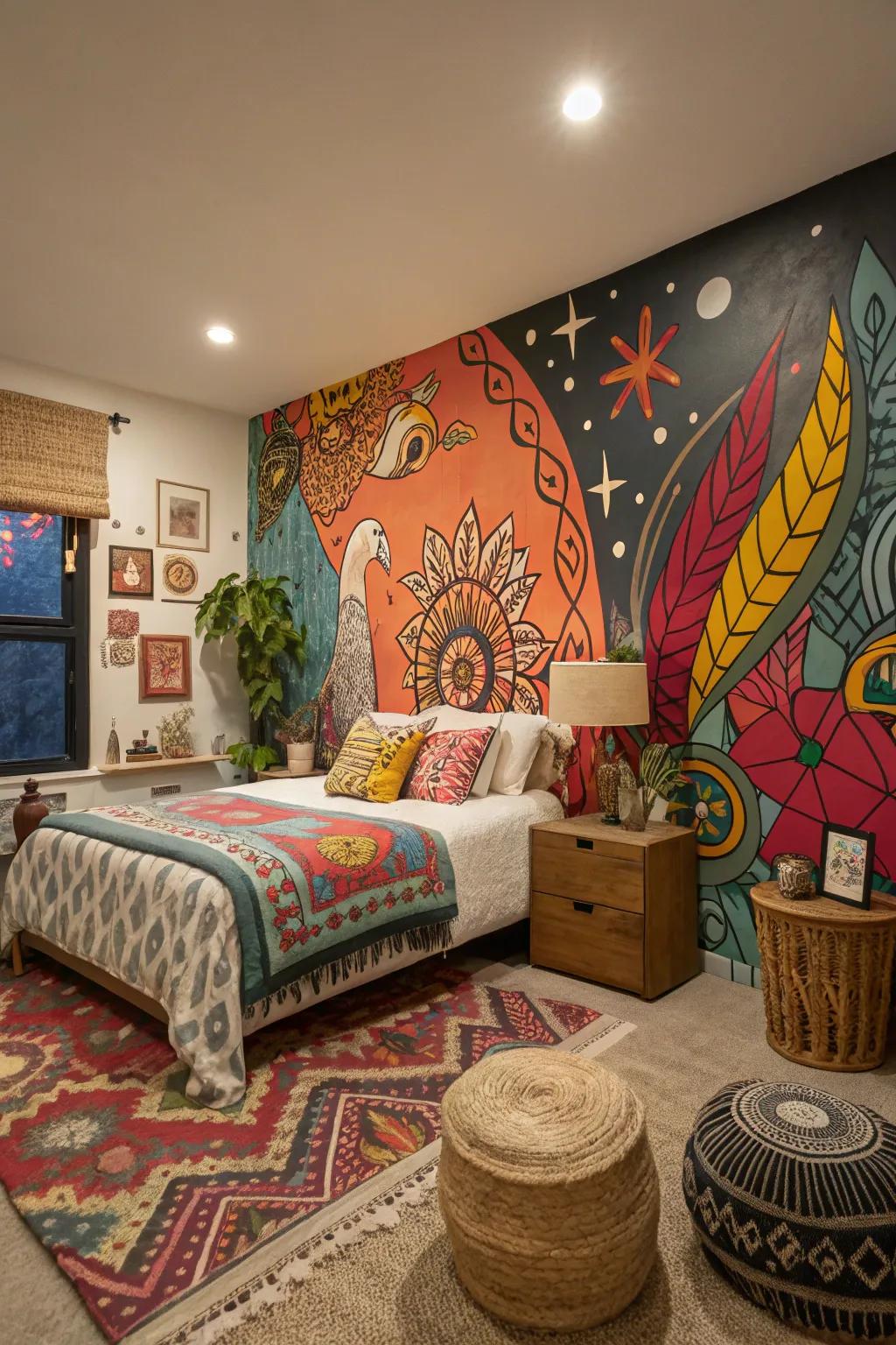 A standout accent wall can really make your artistic bedroom pop.