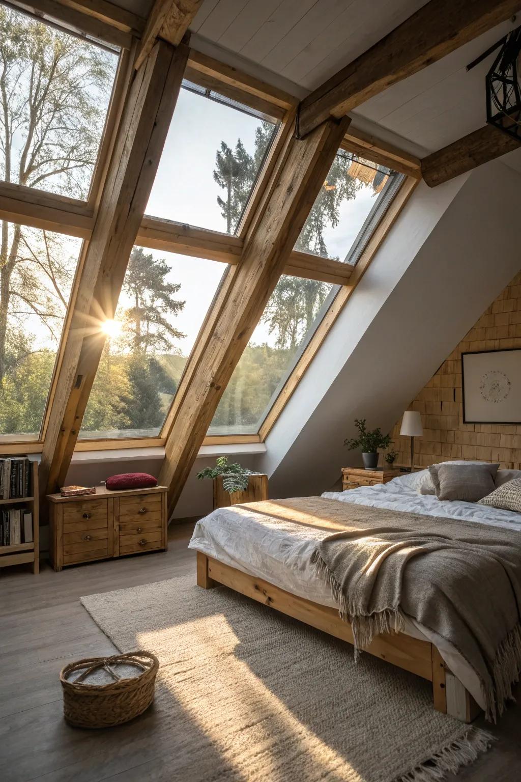 Let natural light flood your attic bedroom through strategically placed high windows.