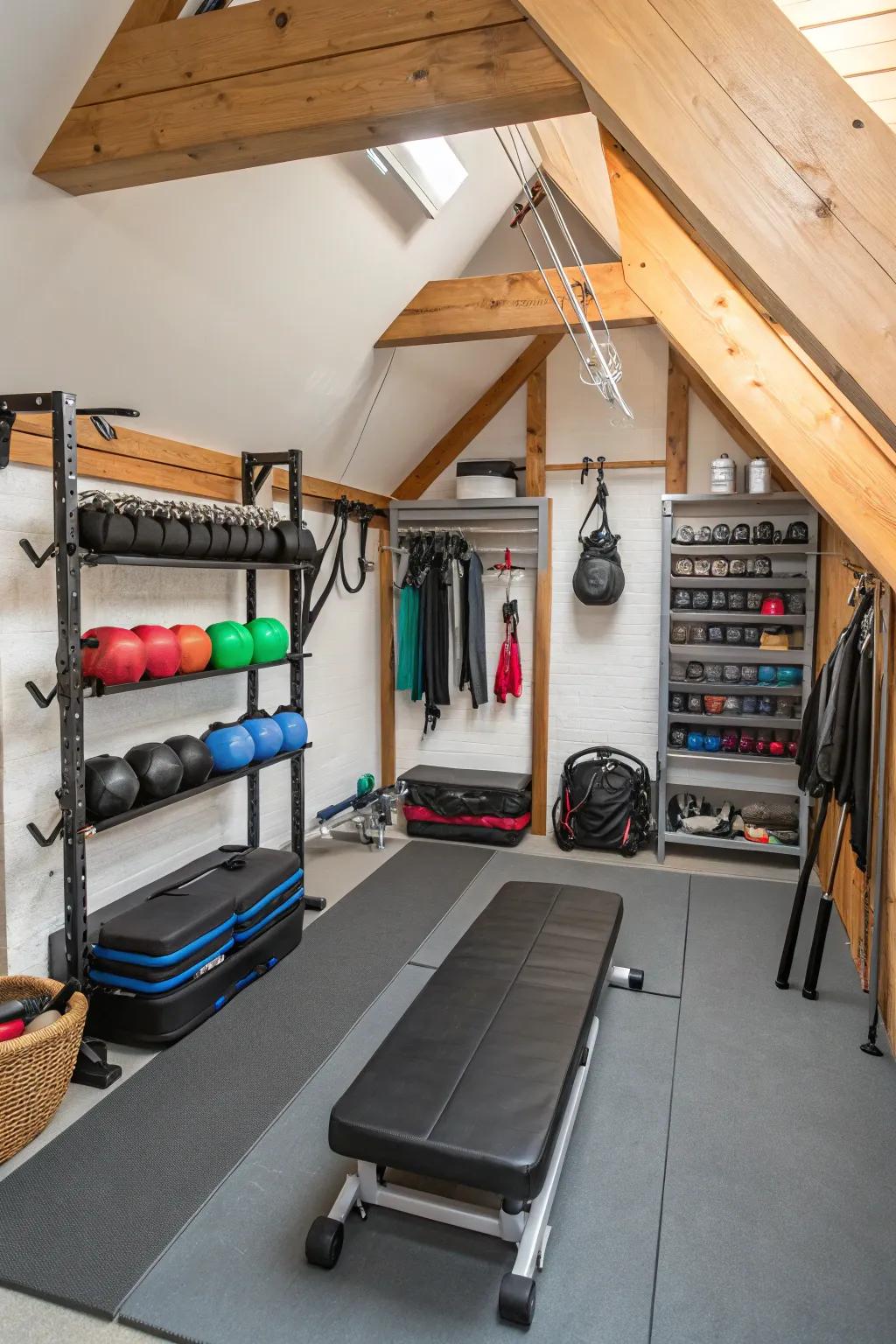 Clever utilization of area with compact and effective exercise equipment.