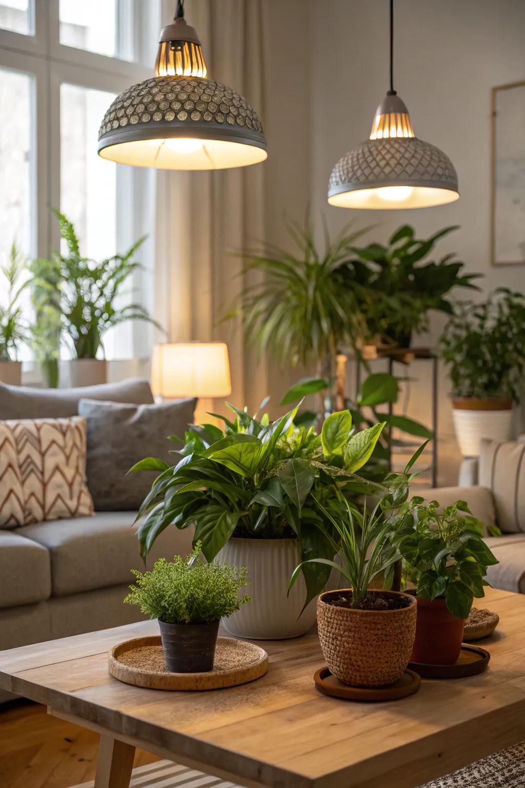 Hanging plant lights beautifully illuminating various houseplants.