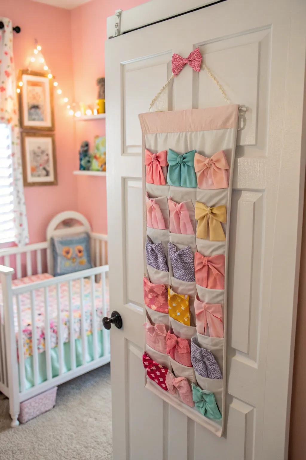 Hanging organizers effectively utilize space for baby bows.