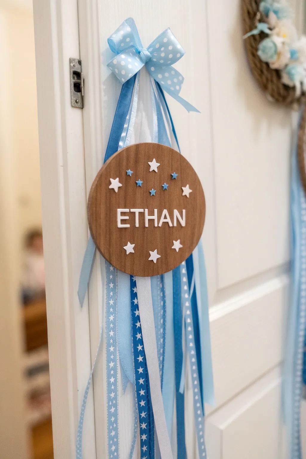 A personalized wooden name plaque door decoration featuring sweet star accents.
