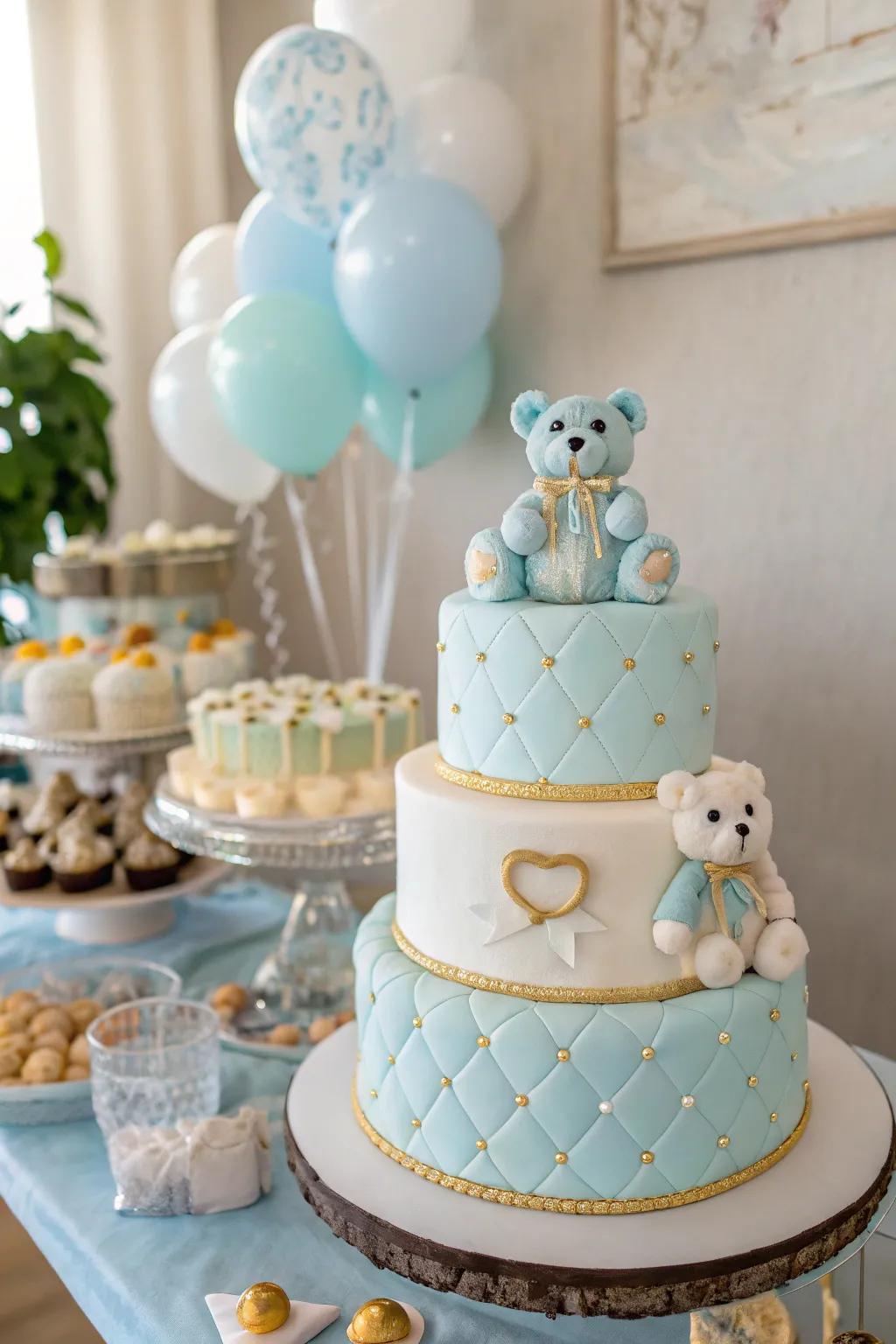 A baby shower cake beautifully decorated with charming teddy bears.