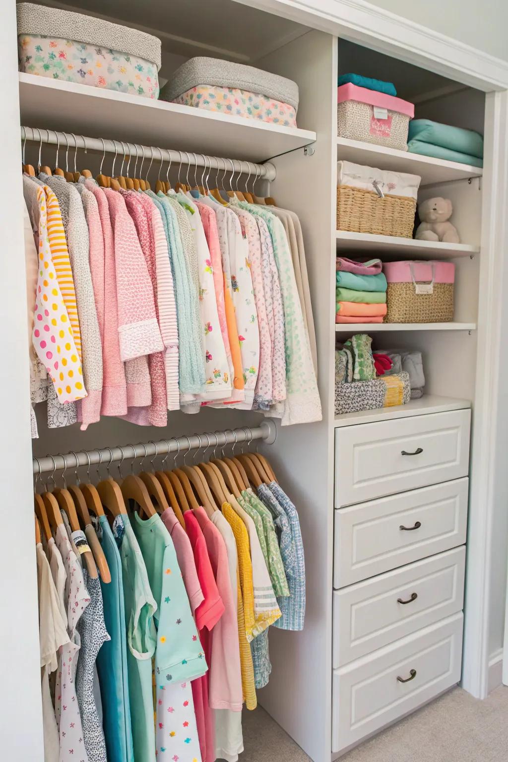 Double hanging rods maximize closet space specifically for baby clothes.