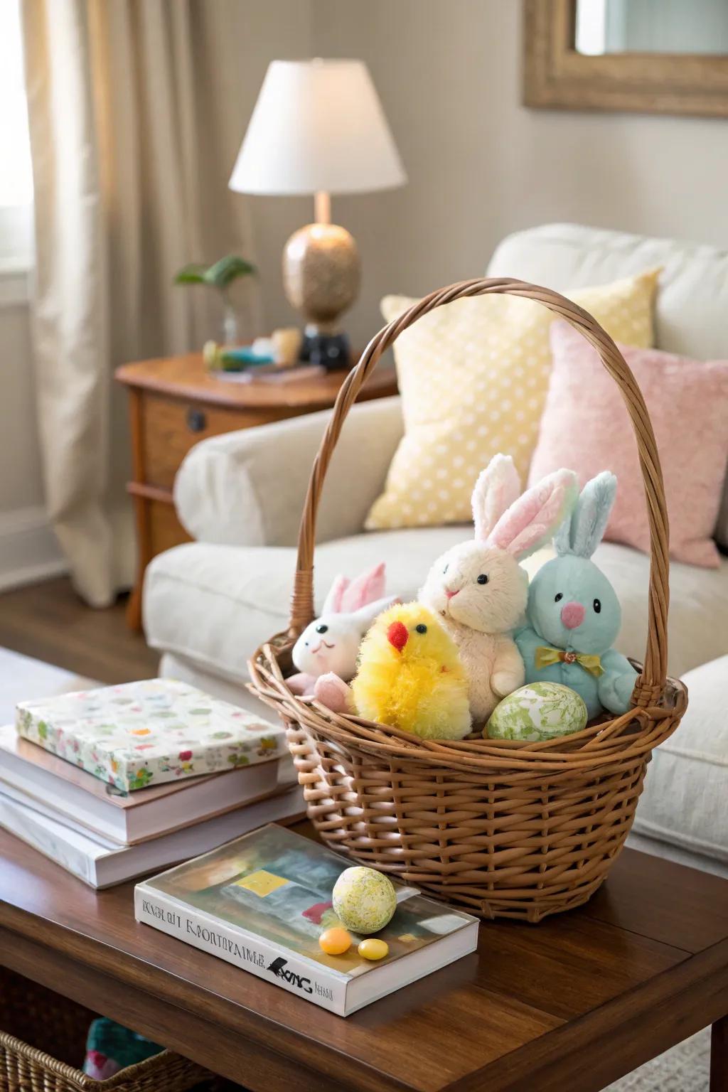 A basket filled with cuddly stuffed animals, ideally suited for little ones.