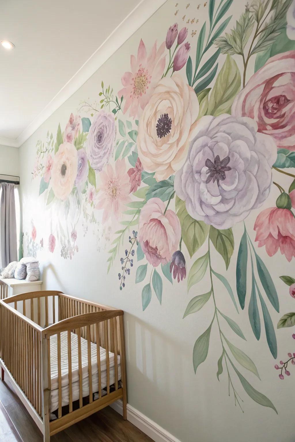 A nursery wall elevated with a magnificent floral mural.
