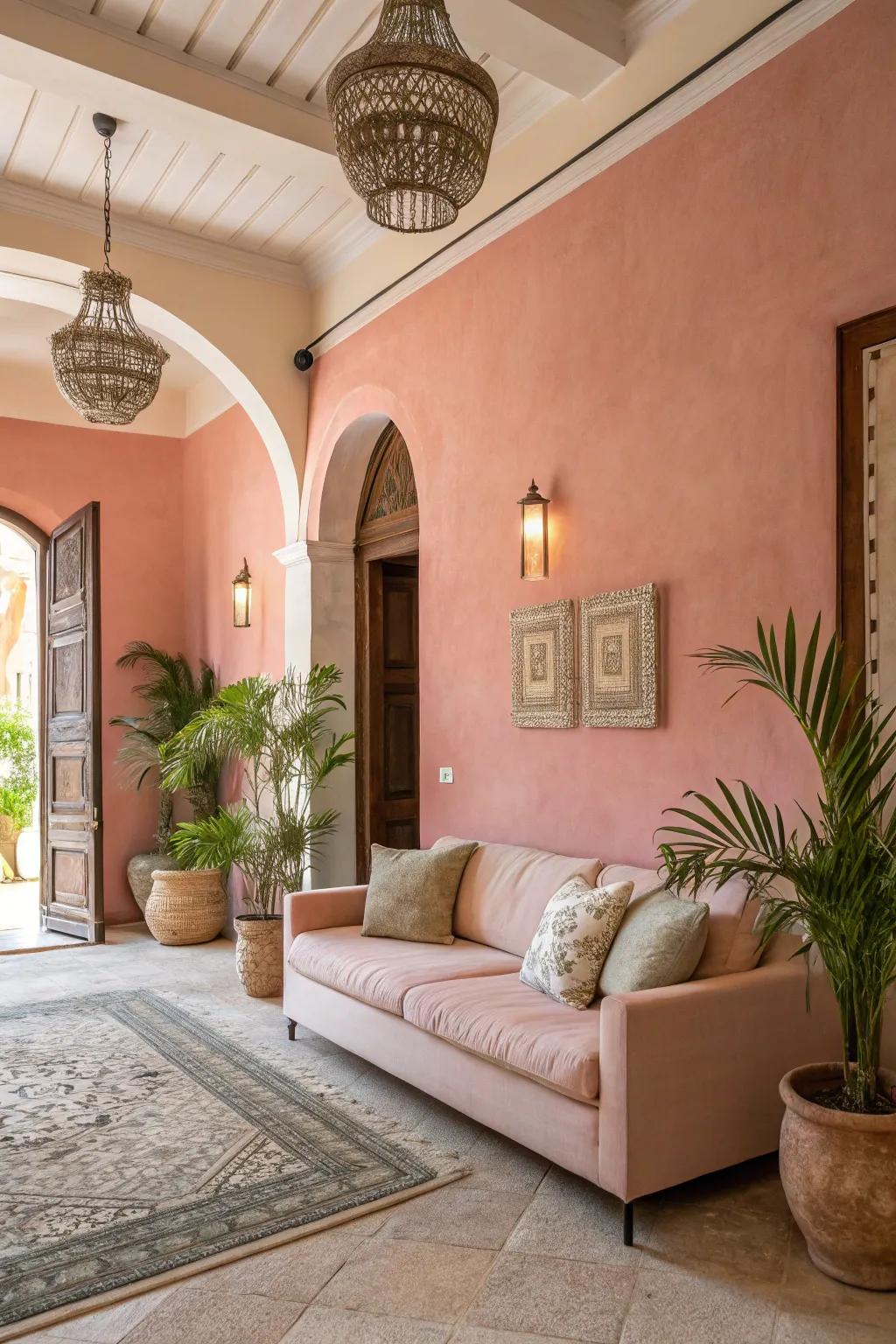 A space adorned with blush-toned walls, coupled with muted furnishings, offers a serene atmosphere.