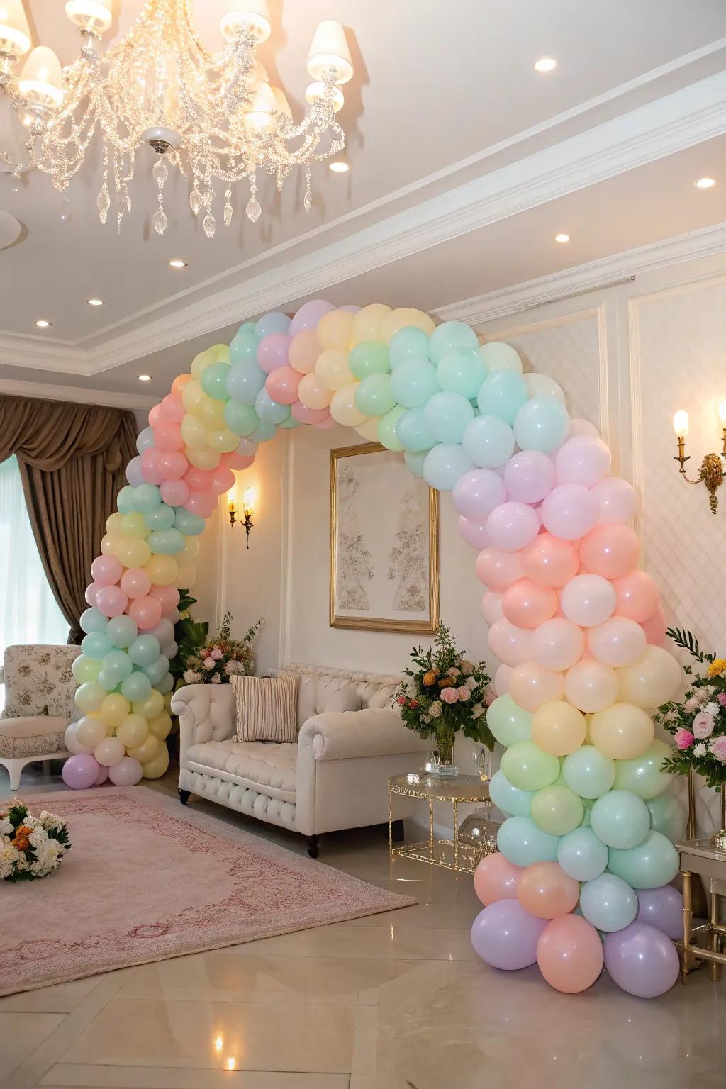 A lively balloon arch in soft pastel shades establishes a welcoming scene.