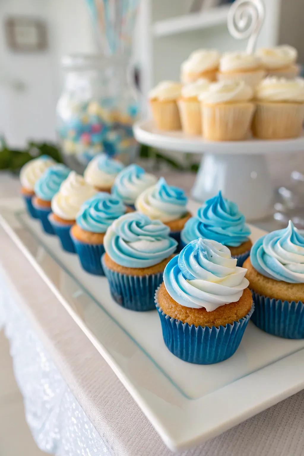 Classic azure and white swirled cupcakes prepared for a baby boy's celebration.
