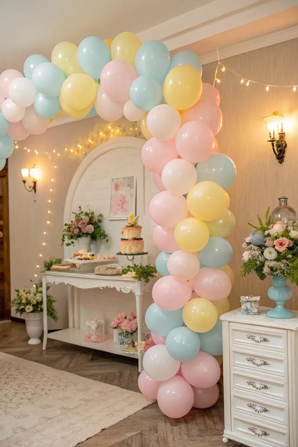A soft-hued balloon garland beautifully enhances the baby shower venue, creating a dreamy setting.