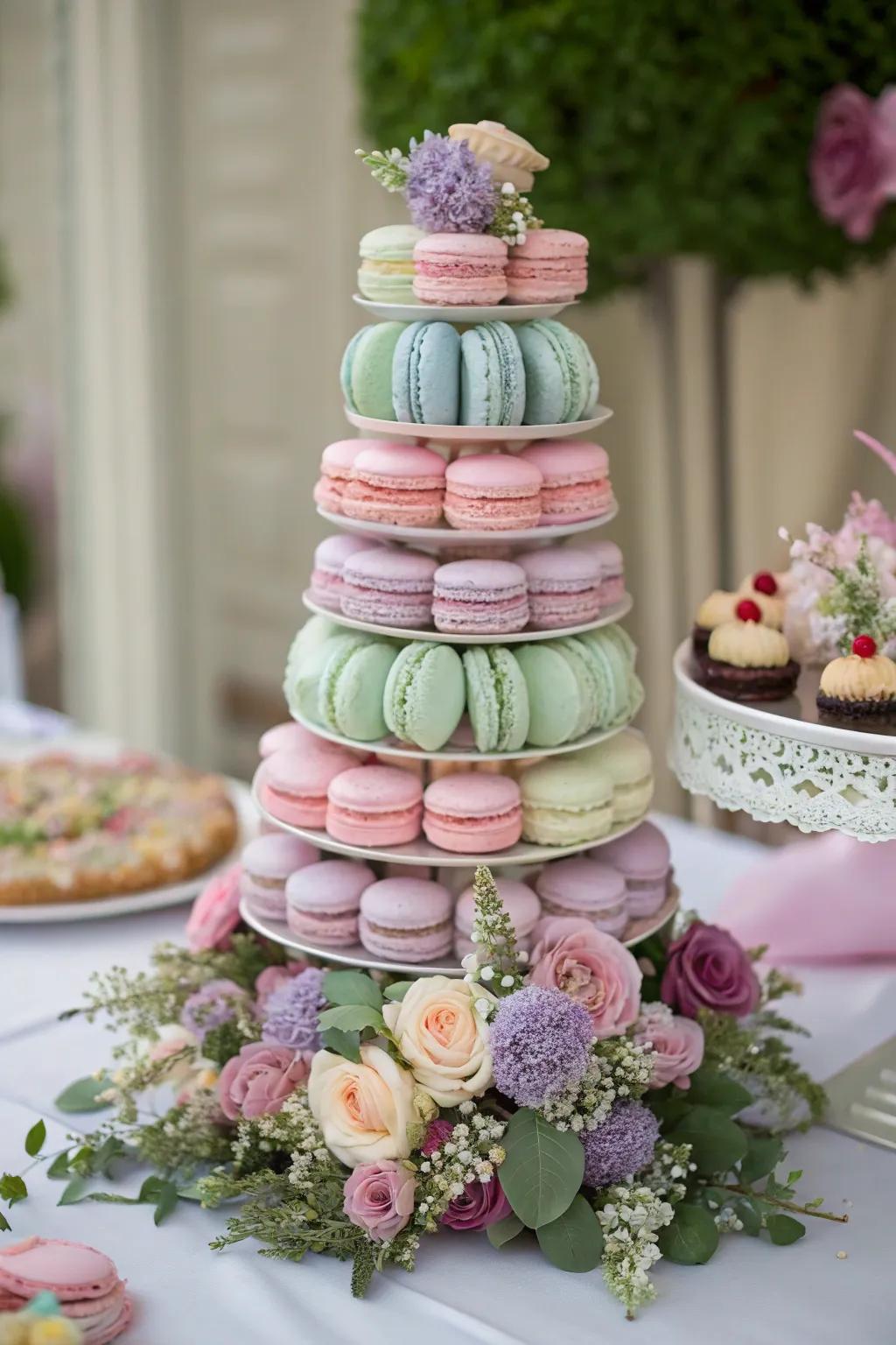A pastel macaron tower making a breathtaking statement on a dessert table.
