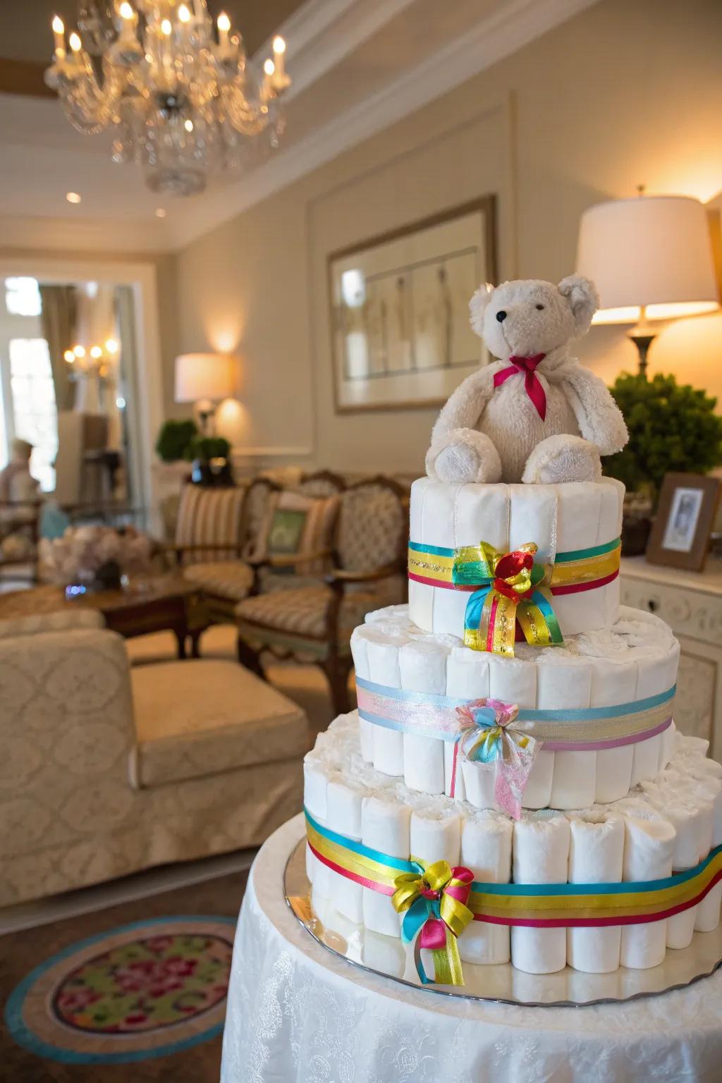 A classic diaper tower, beautifully decorated with colorful ribbons and a cuddly toy.
