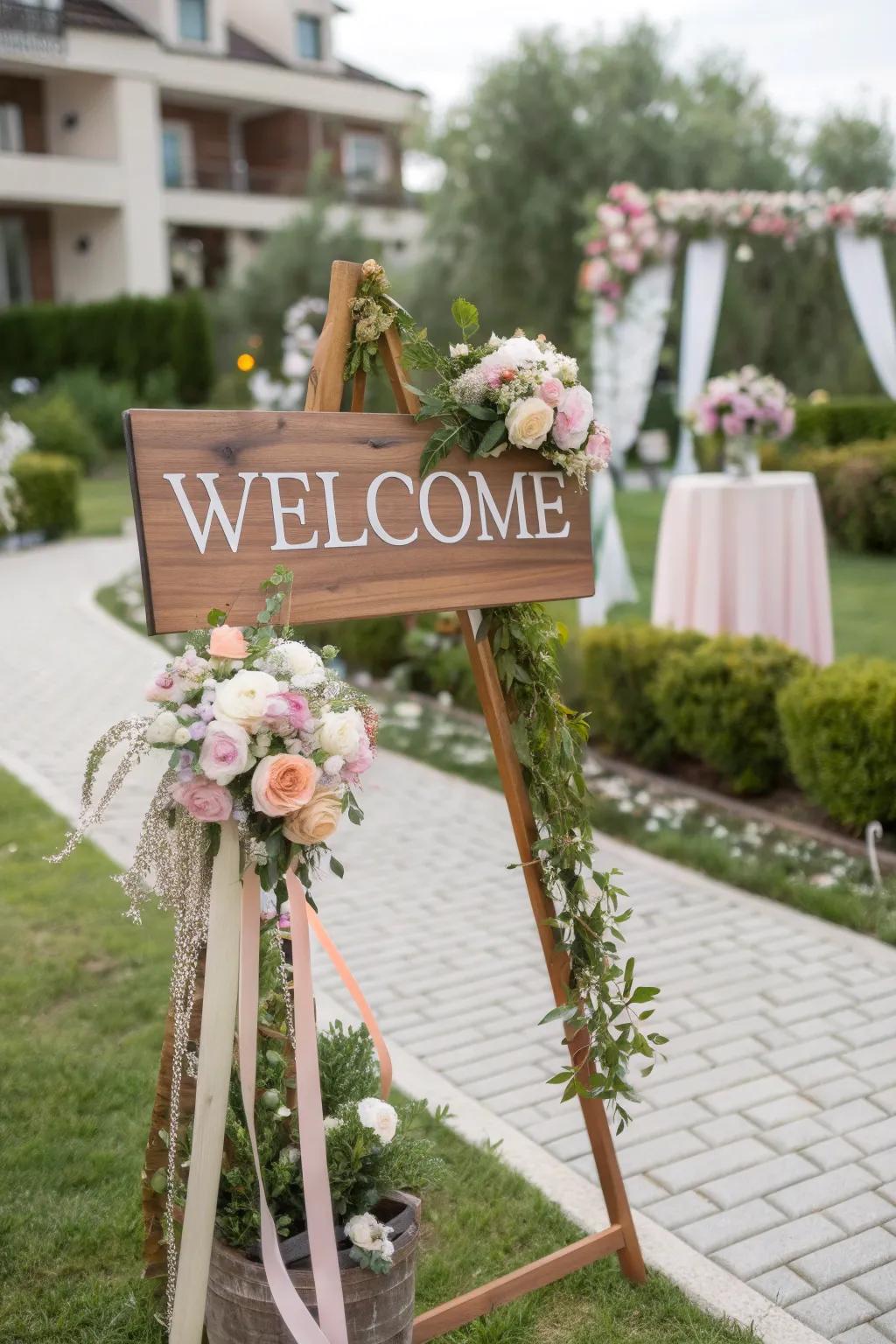 A bespoke greeting sign adds a personal touch to the baby shower's welcome.