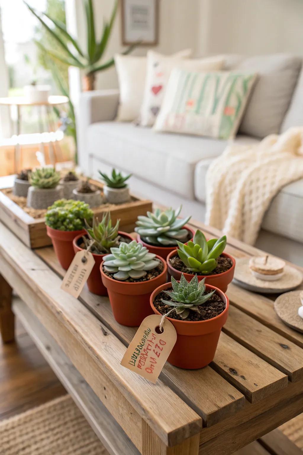 Adorable miniature succulents with personalized labels create a memorable keepsake.