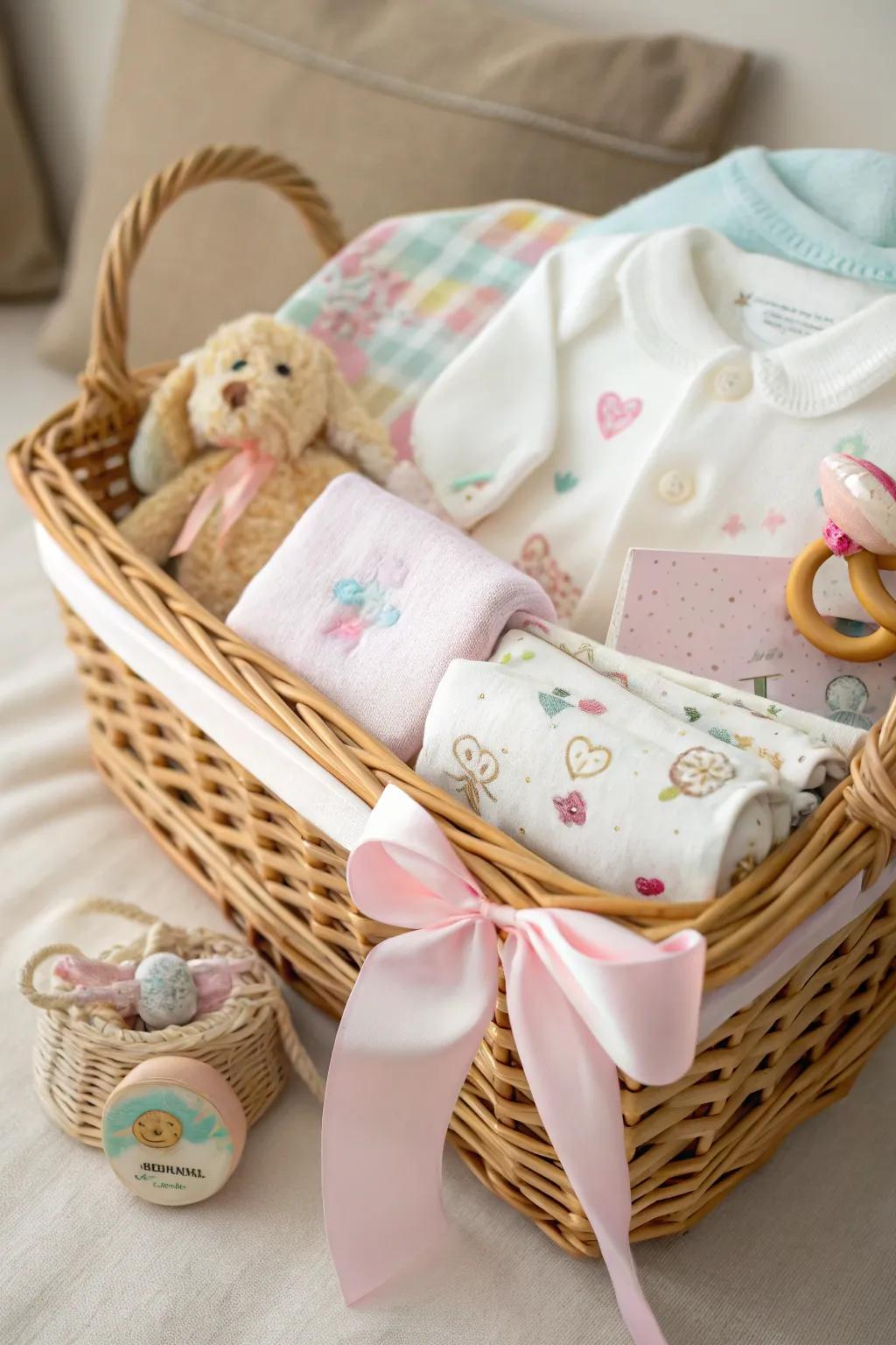 A thoughtfully curated basket brimming with essential baby items, showcasing a beautifully coordinated gift presentation.
