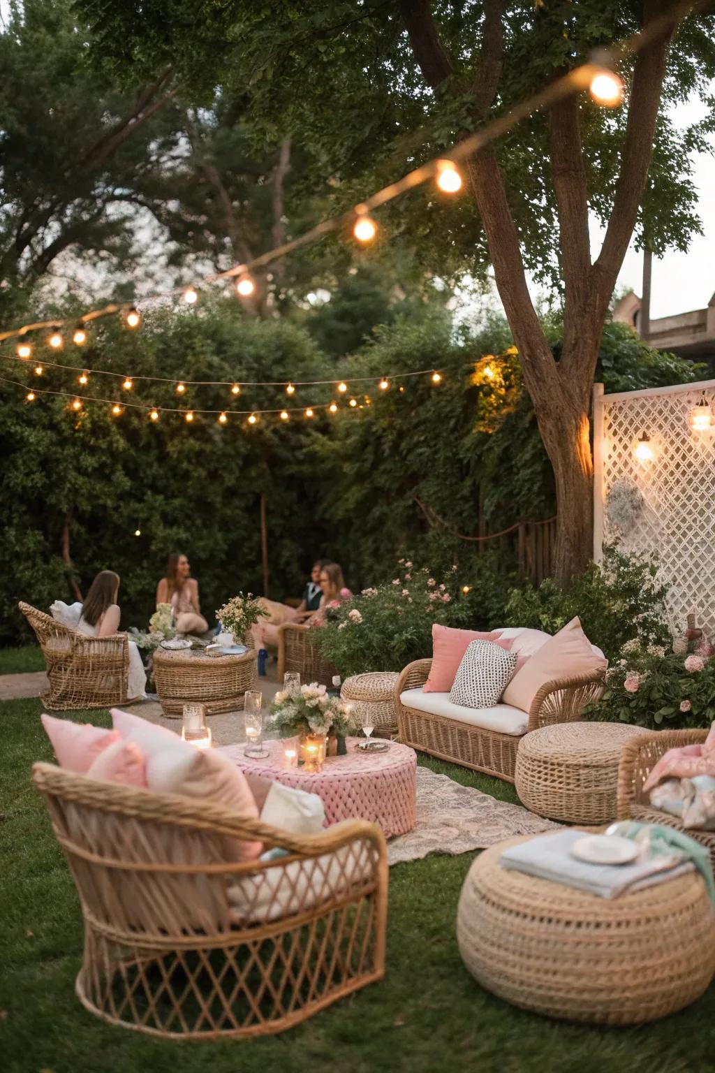 A chic outdoor lounge featuring wicker furniture and soft-colored cushions.