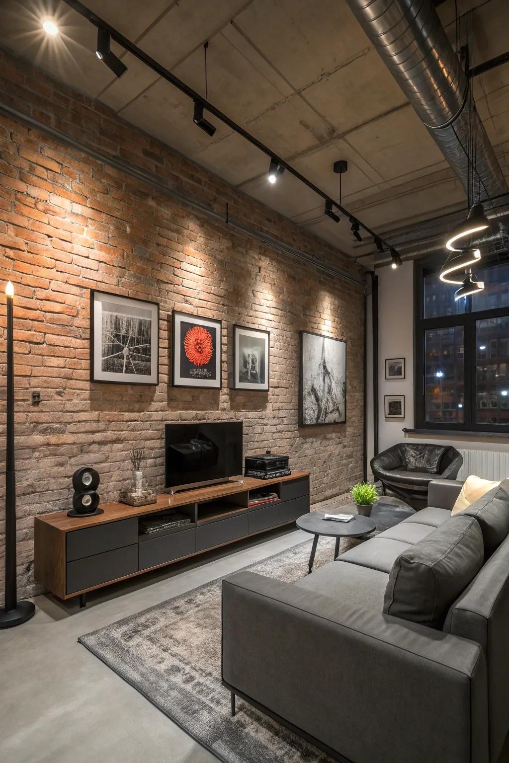 Industrial charm harmonizes with contemporary art in this refined bachelor space.