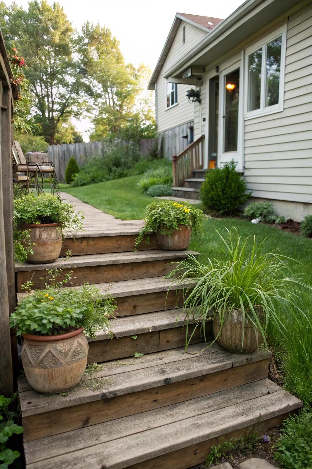 Expansive timber steps provide a welcoming transition from indoors to outdoors.