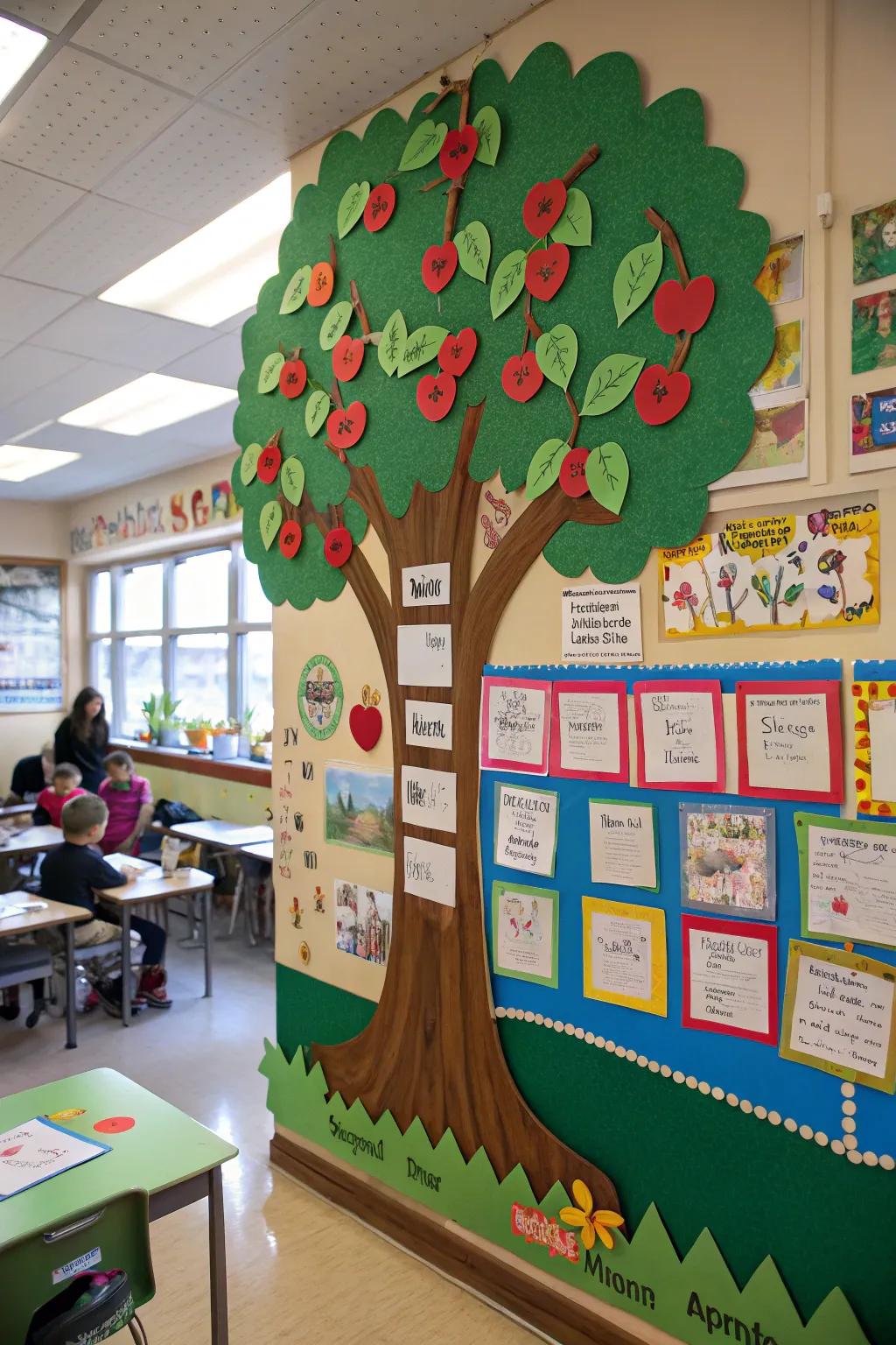 A bulletin board showcasing an apple tree that extends into diverse academic subjects.
