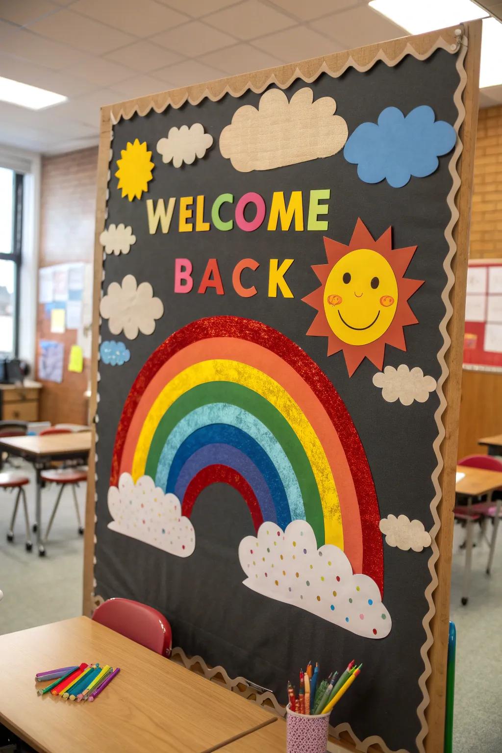 A joyful rainbow design to brighten up the classroom.