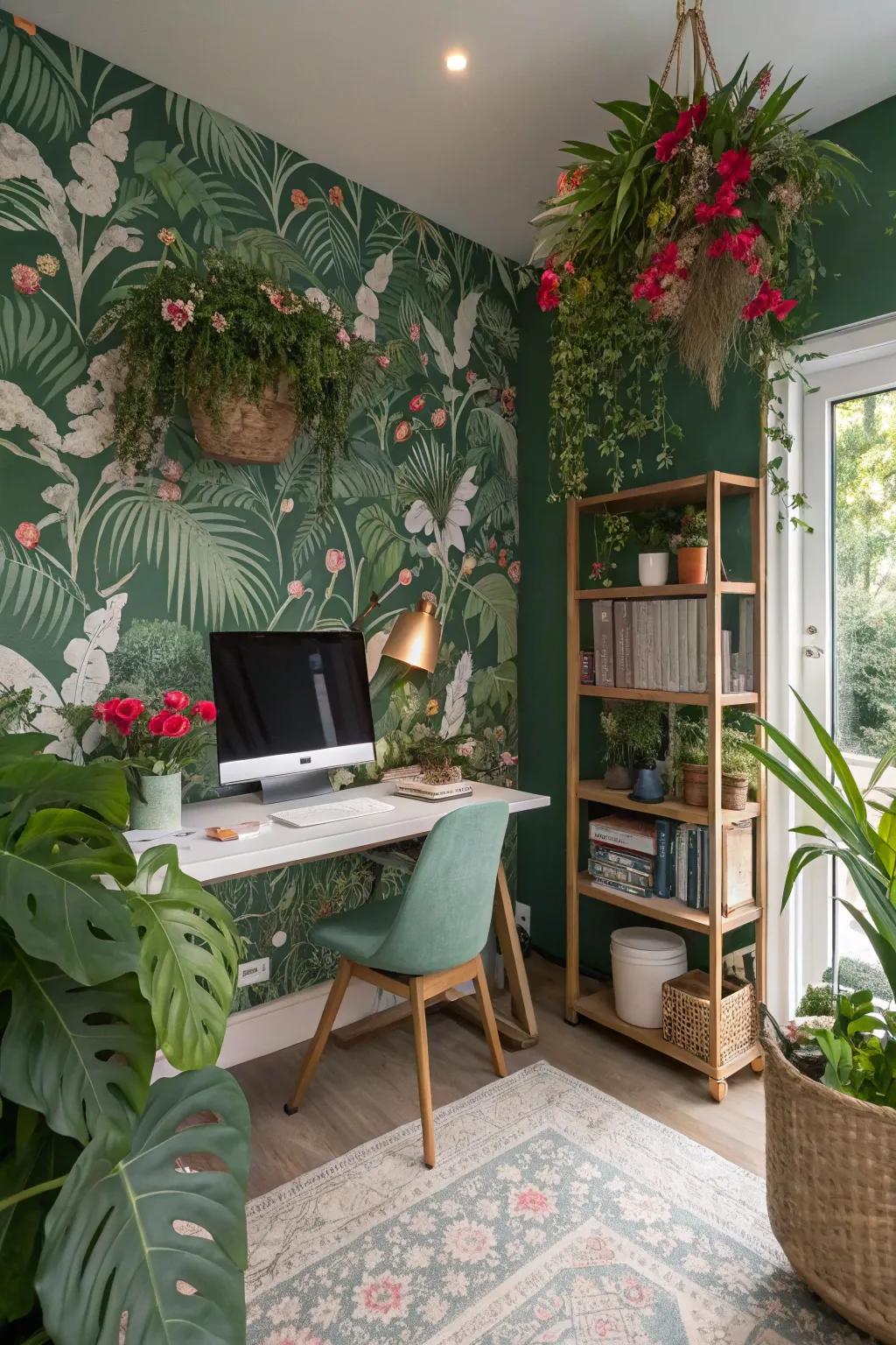 A home office adorned with botanical wallpaper, lush greenery, and delicate floral highlights.