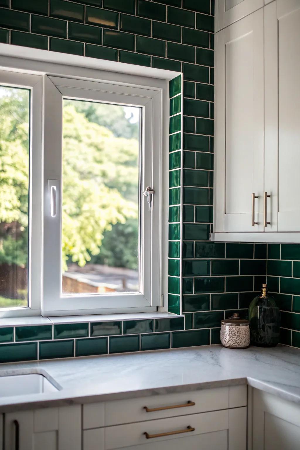 Deep green brick-style tiles framing a kitchen window, creating a striking visual contrast.