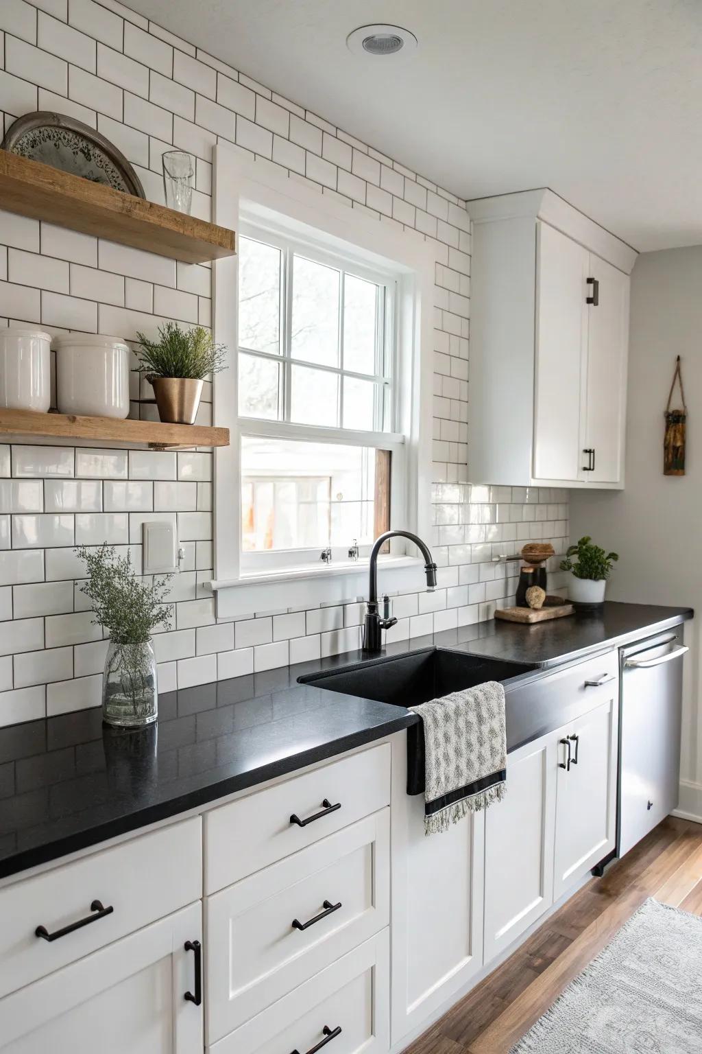 Fair wall sections present an impressive comparison to dark countertops.