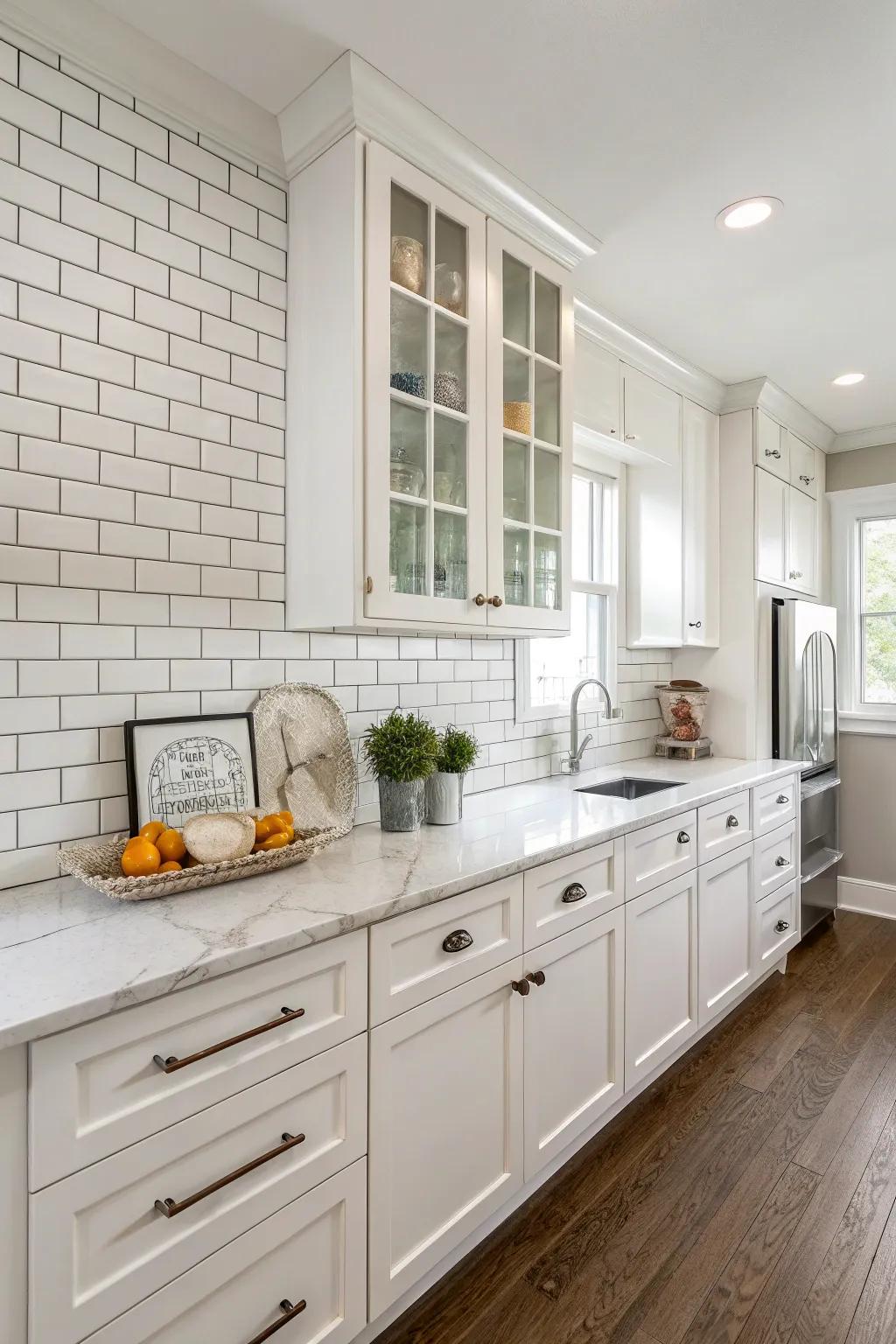Classic white metro tiles impart an enduring elegance to this sophisticated kitchen.