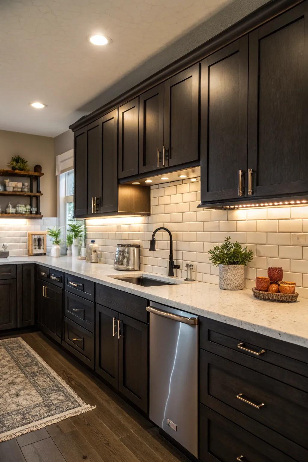 The ageless appeal of white rectangular tiles in a contemporary kitchen setting.