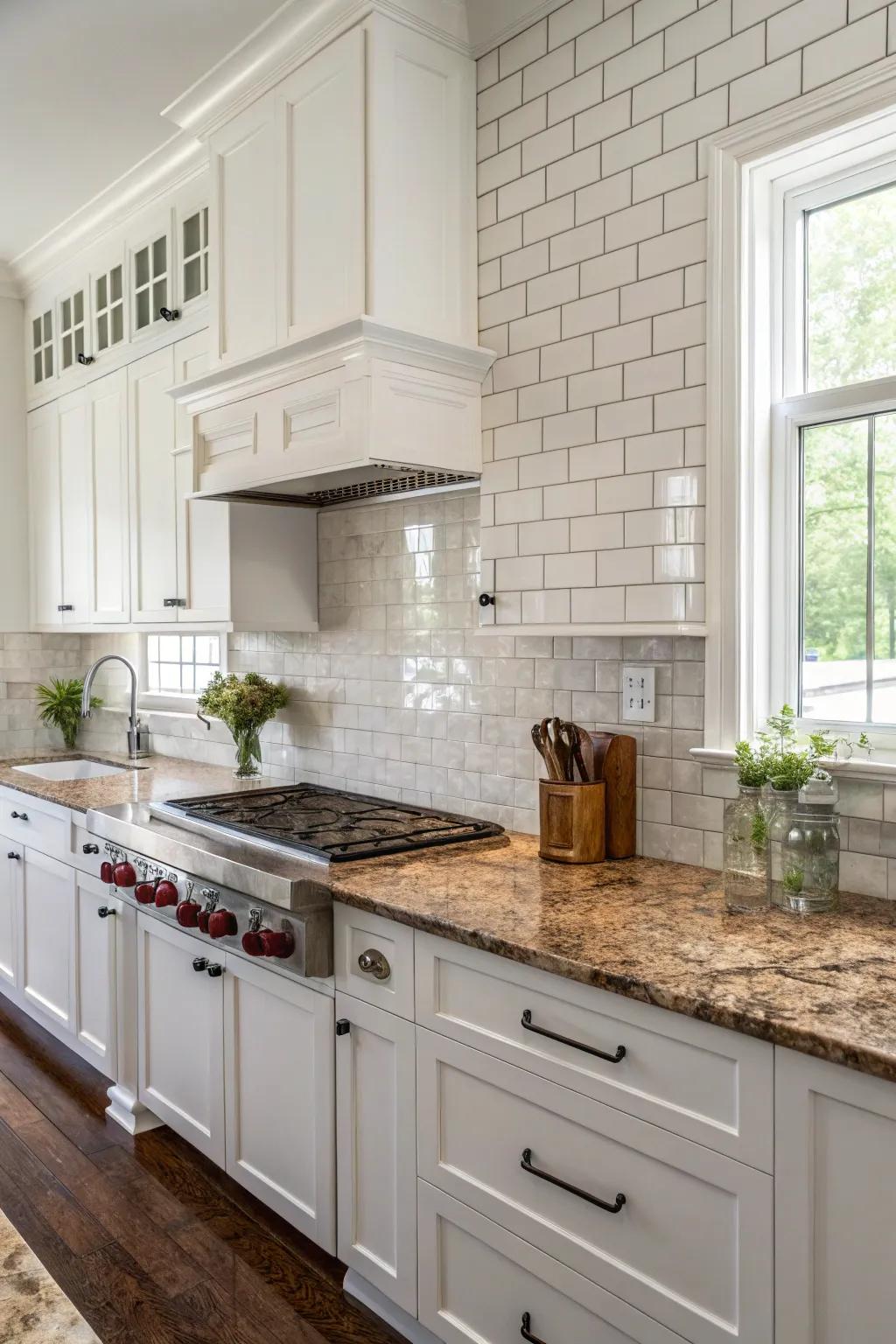 Off-white brick tiles offer a timeless setting for fantasy brown granite.