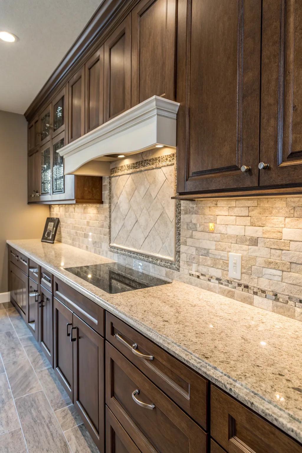 A mixed material backsplash brings texture and captivation to granite worktops.