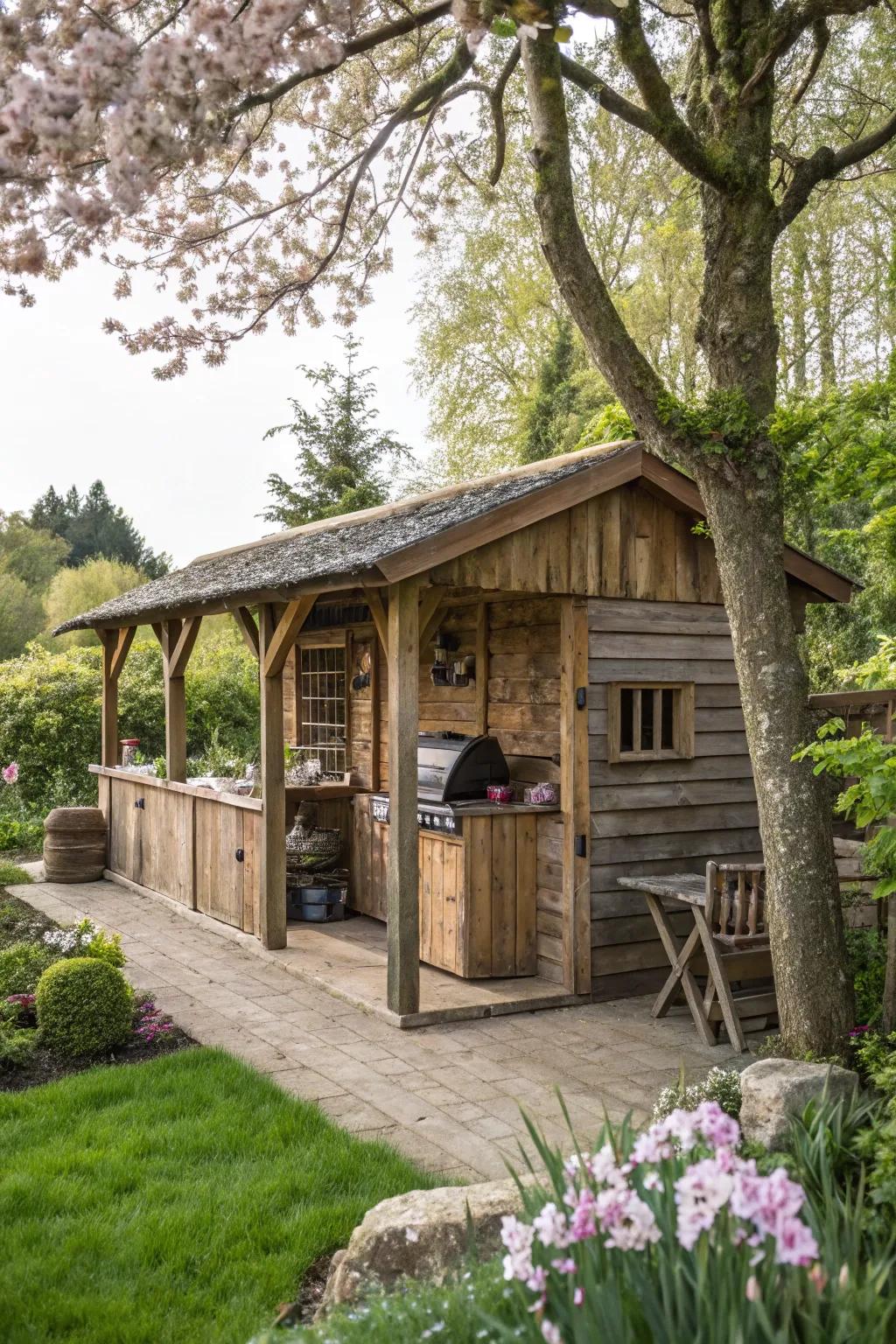 A country-style wooden grilling station nestled in its surrounding nature.