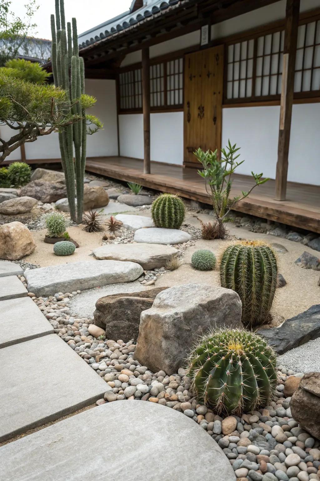 A serene zen cactus garden showcasing harmony between pots, stones, and cacti.