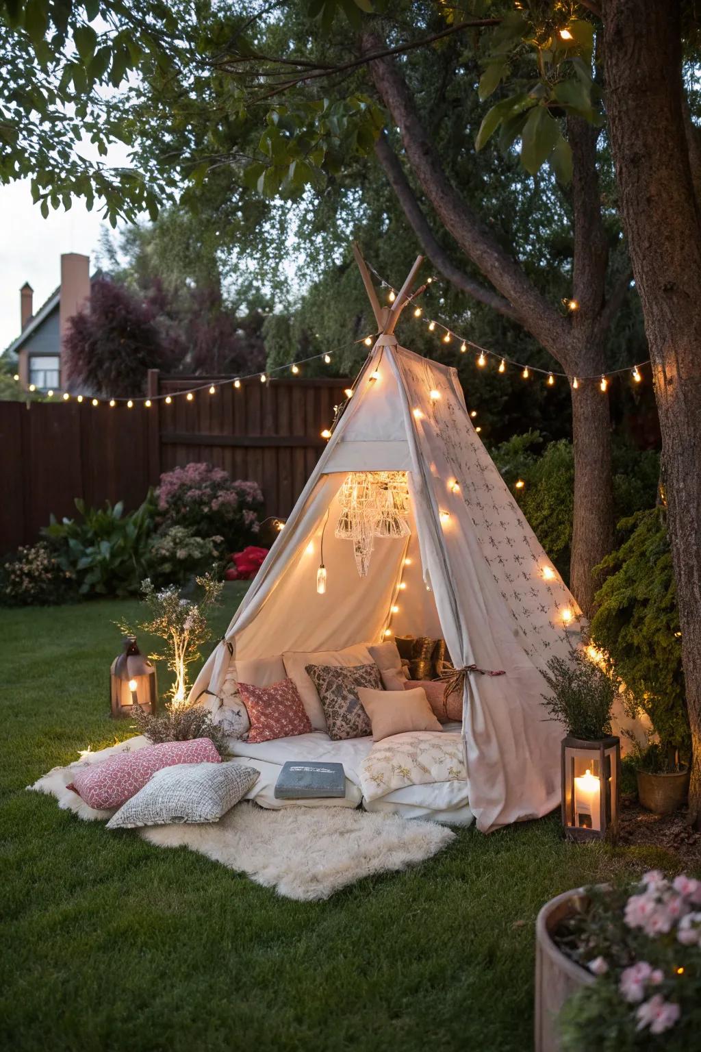 A snug tent aglow with twinkle lights cultivates a magical campsite atmosphere.