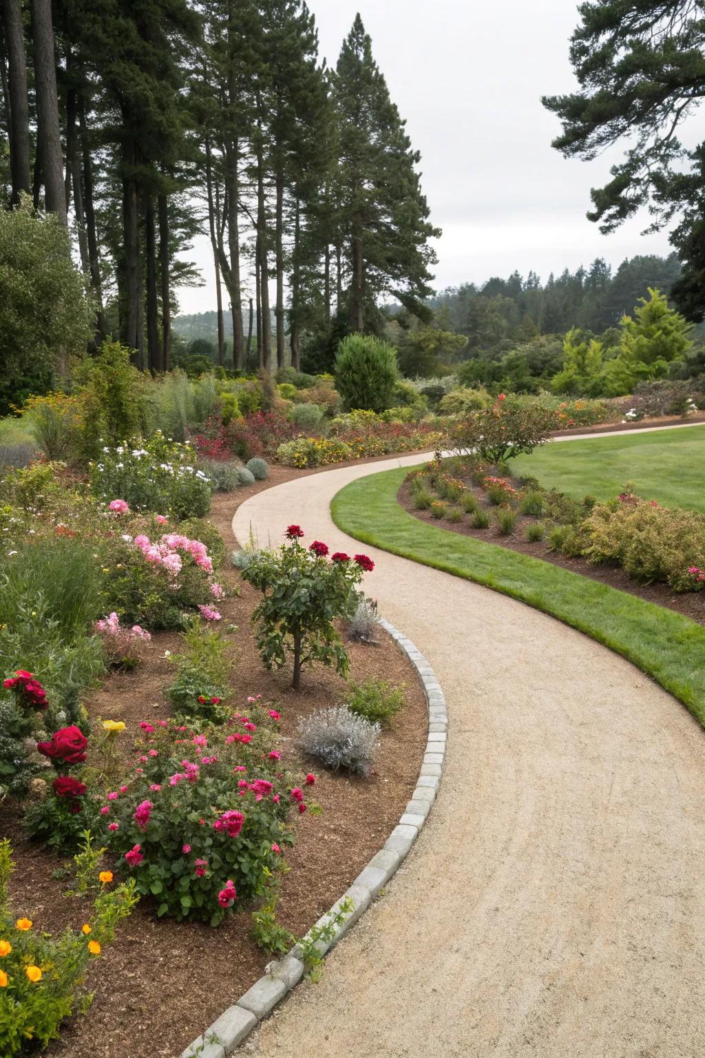 A crushed rock pathway winds through a lively garden, offering a peaceful escape.