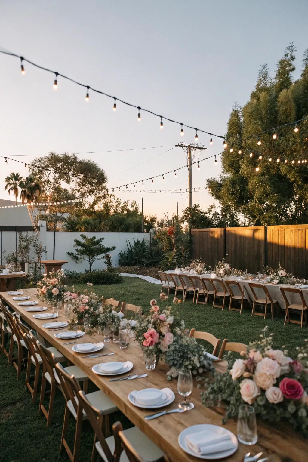 An outdoor dining arrangement featuring long tables and floral decorations for an earthy engagement celebration.
