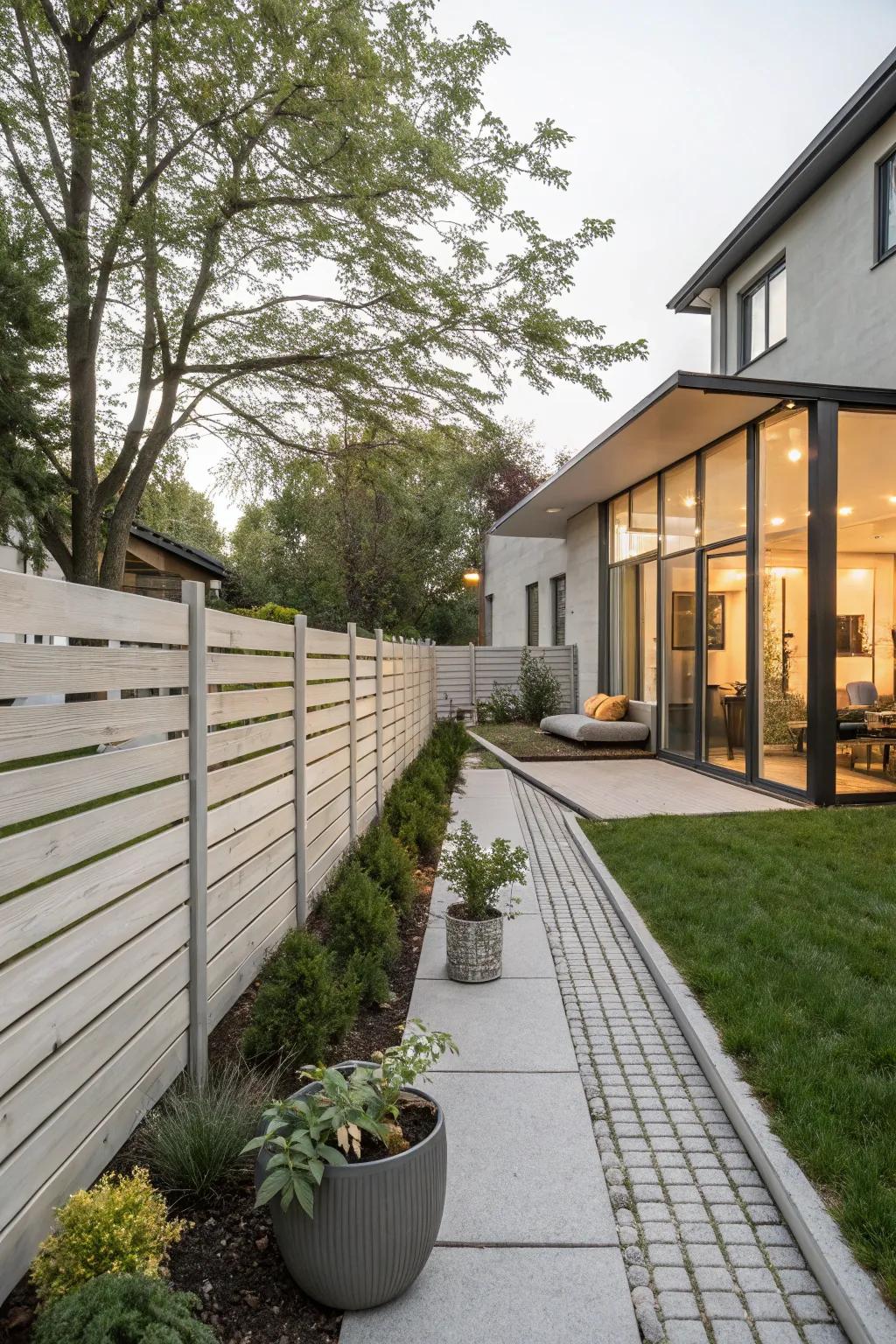 A modern horizontal panel fence provides a streamlined appearance.