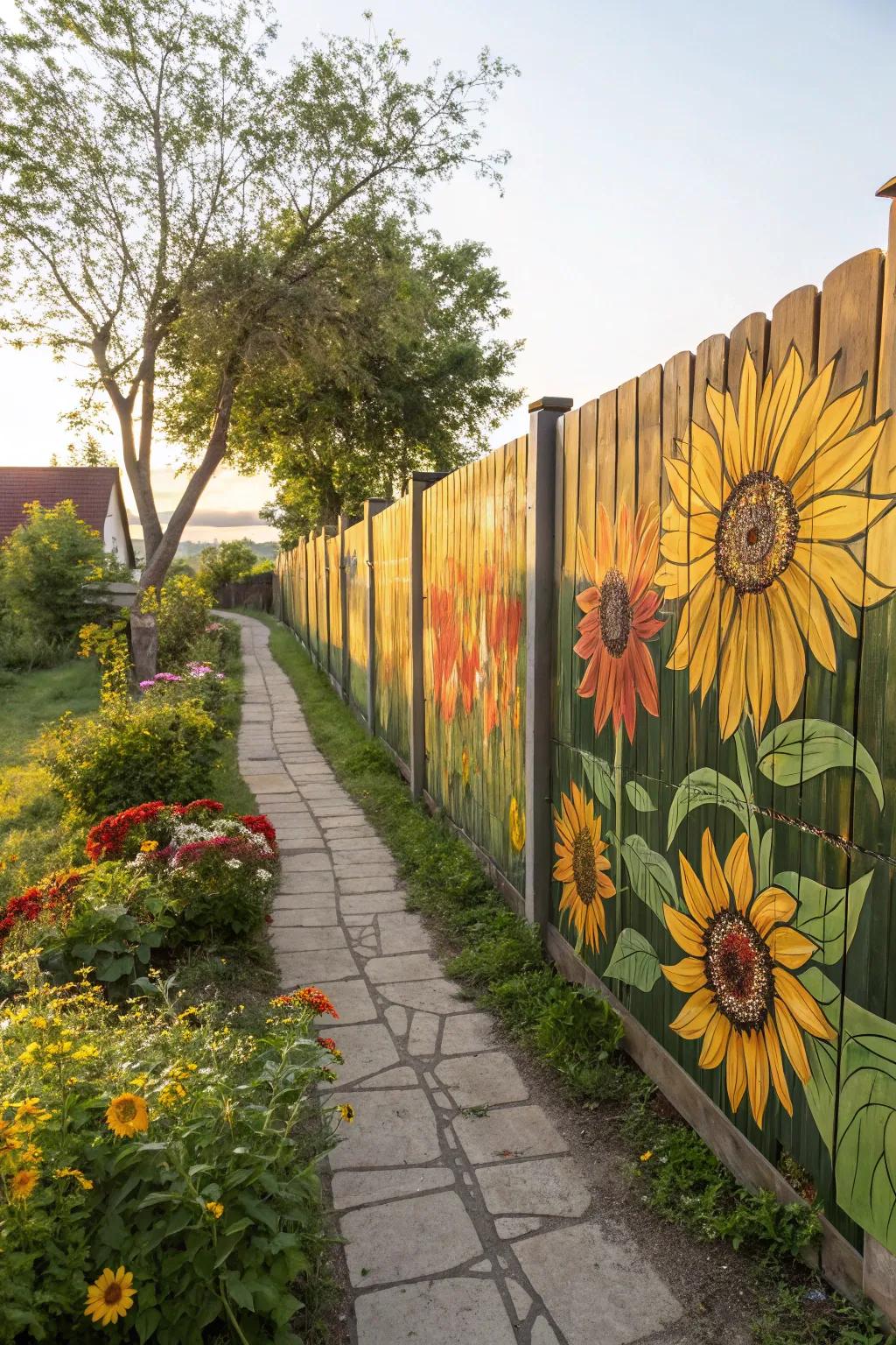 Sunflowers painted on a fence bring a bit of sunshine to any backyard.