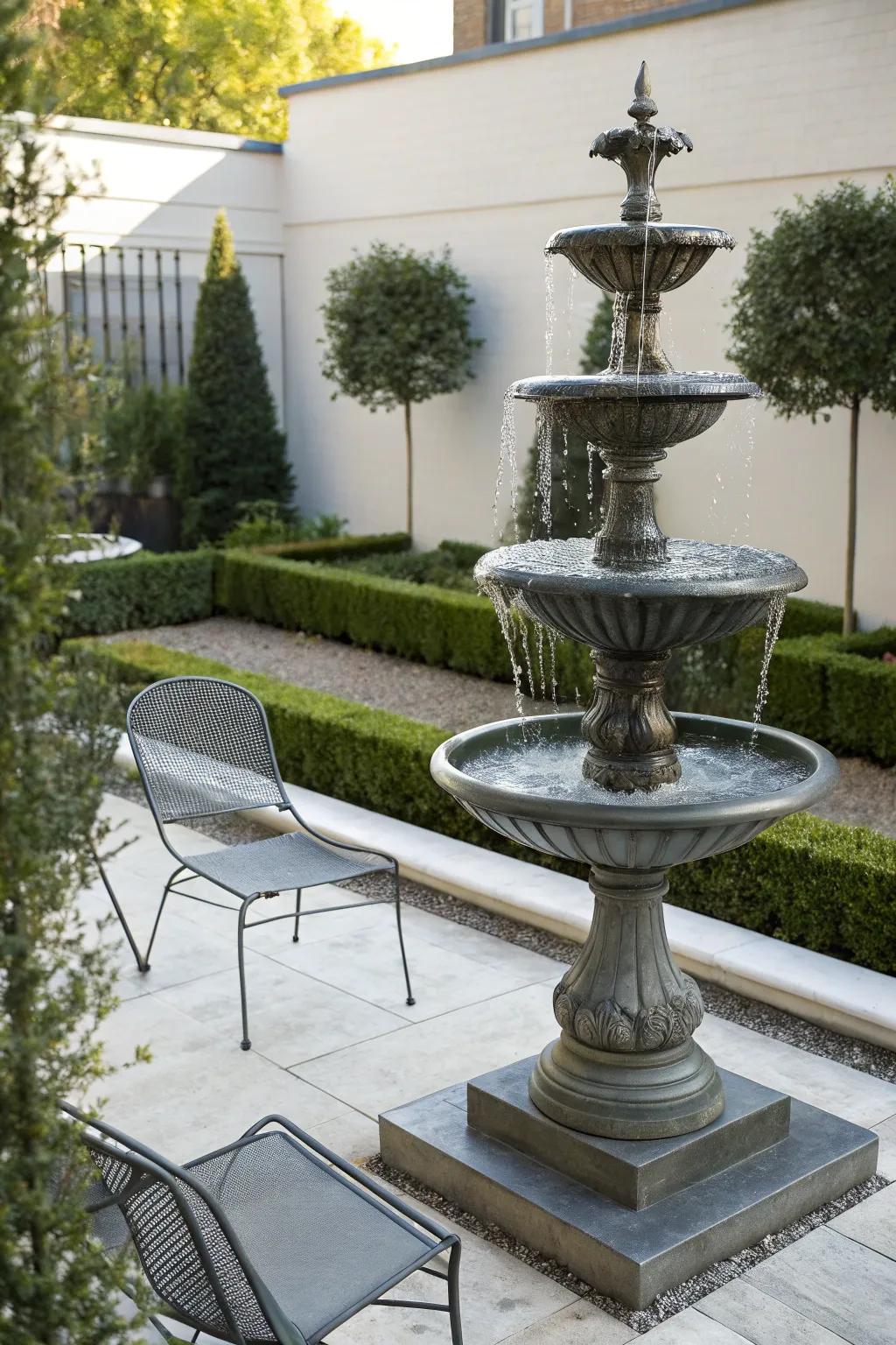 A minimalist metal fountain brings a modern and sophisticated touch to any yard.