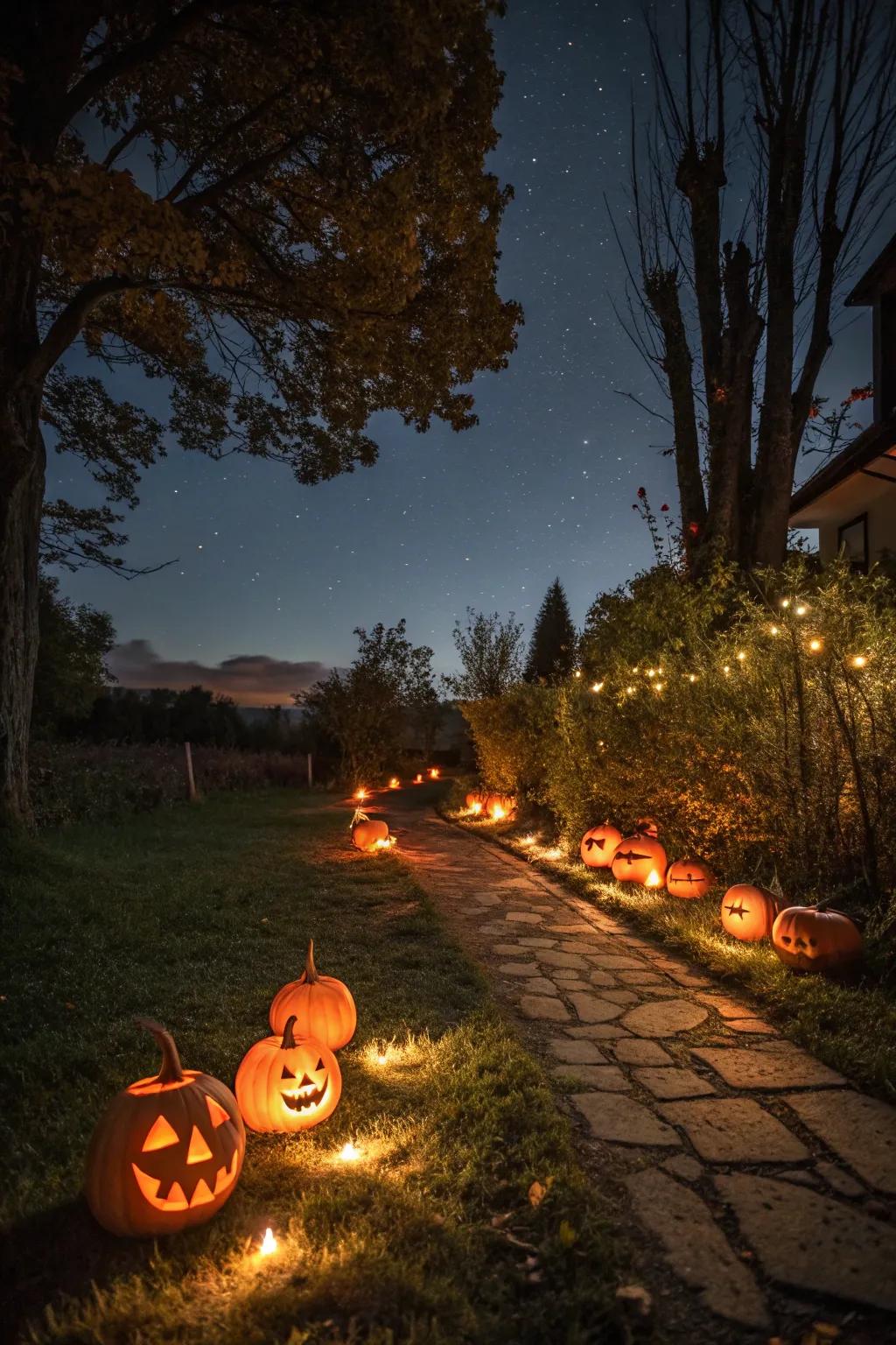 Construct an inviting and eerie entry with a gourd-lit path.